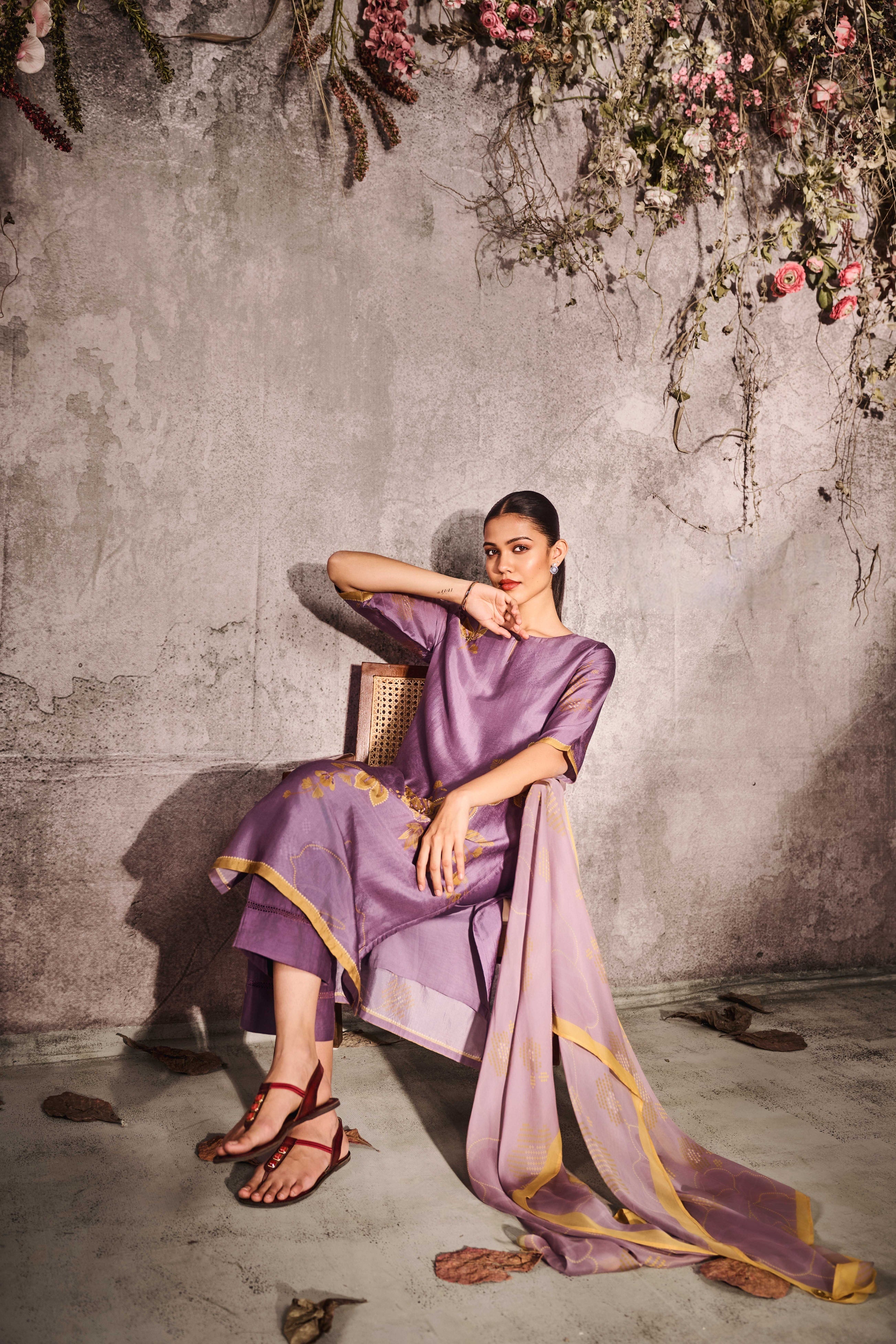 Mauve Muslin Kurta Set with Gold Floral Print & Dupatta