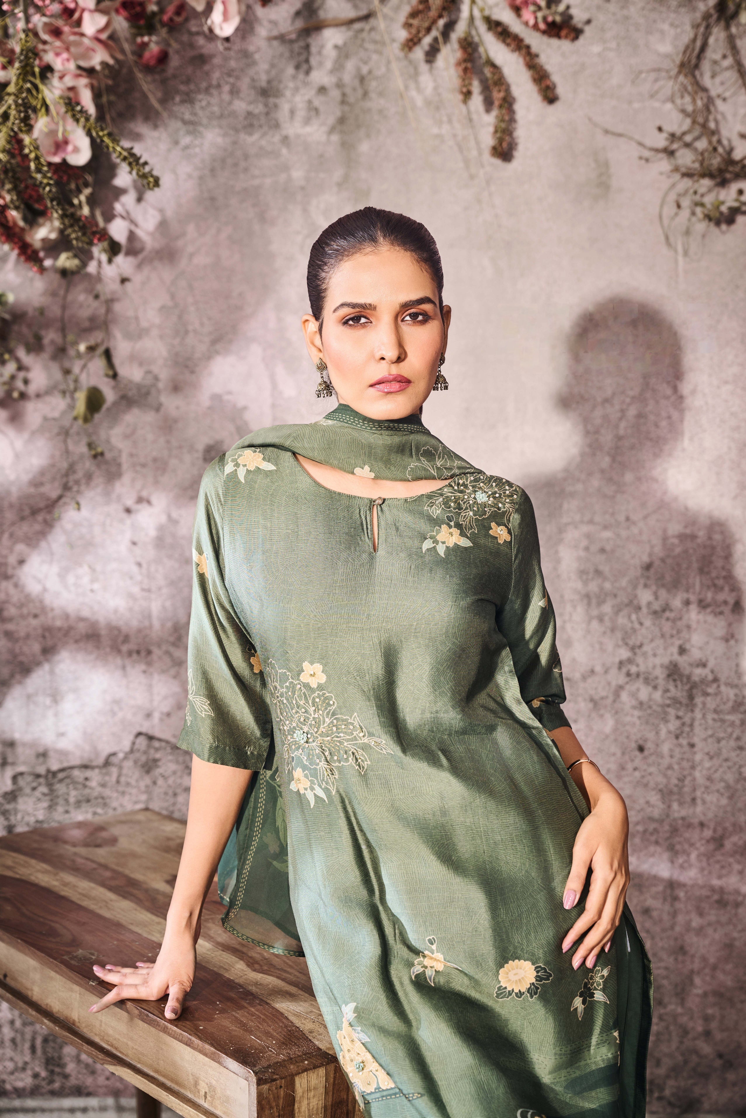 Sage Green Muslin Kurta Set with Floral Print & Dupatta