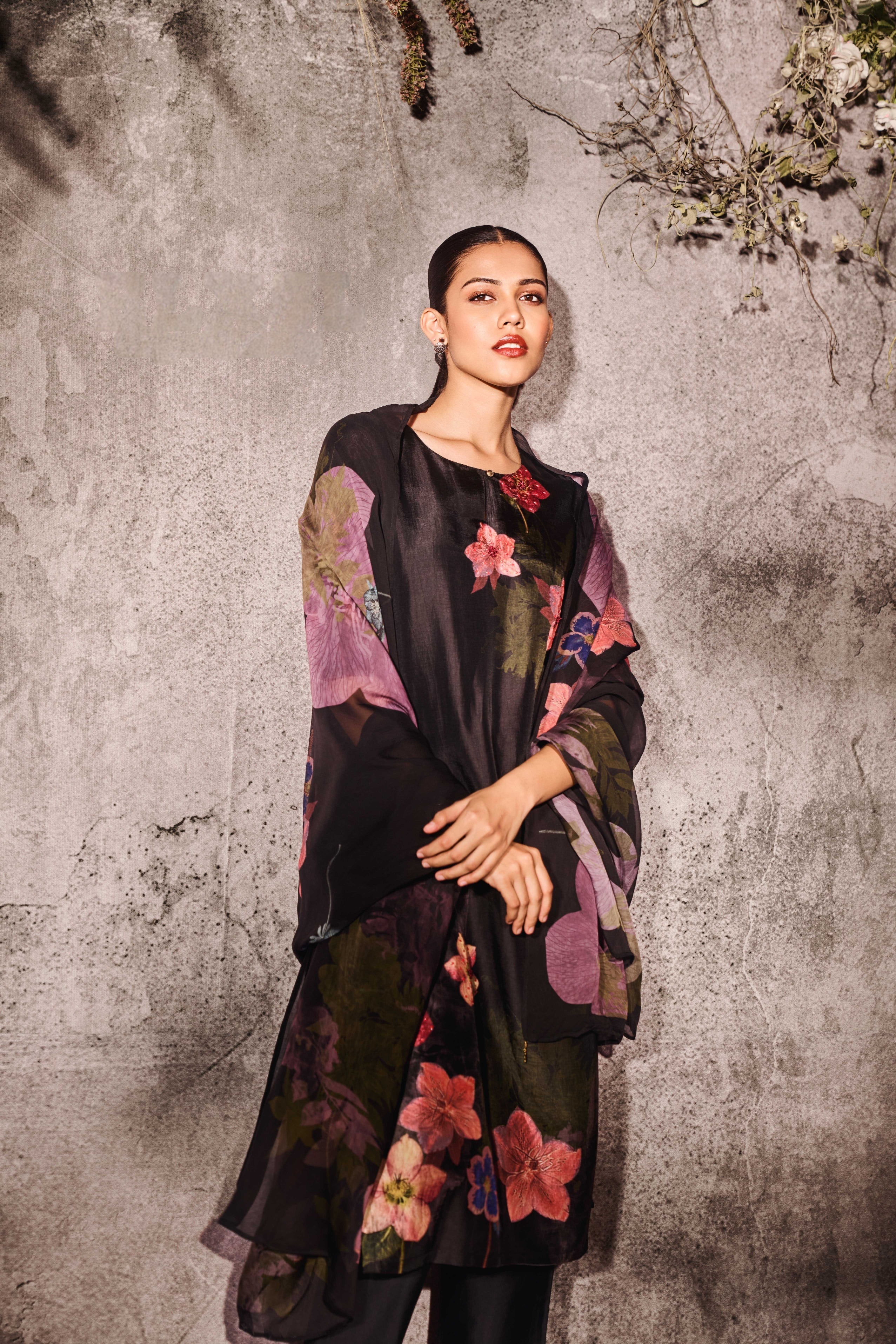 Black Muslin Kurta Set with Floral Print & Dupatta