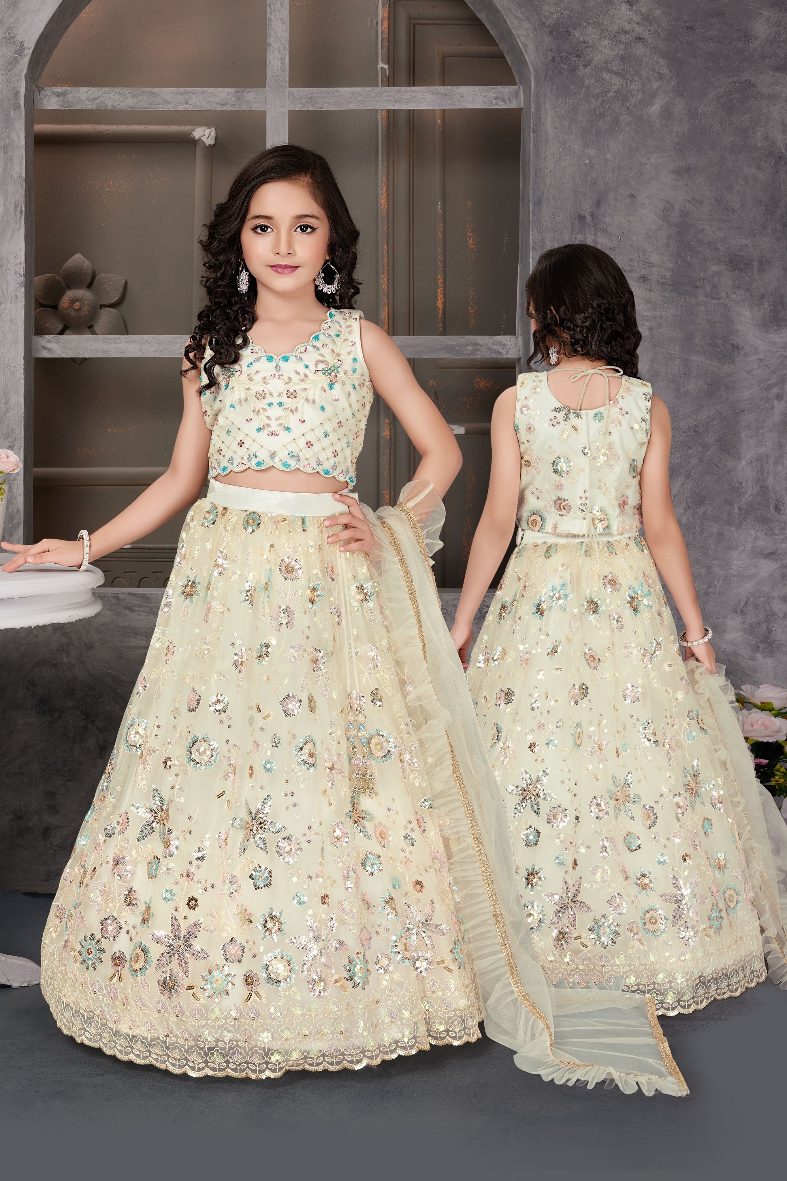 Cream Mirror Embroidered Net Lehenga Choli Set  Mokshaa