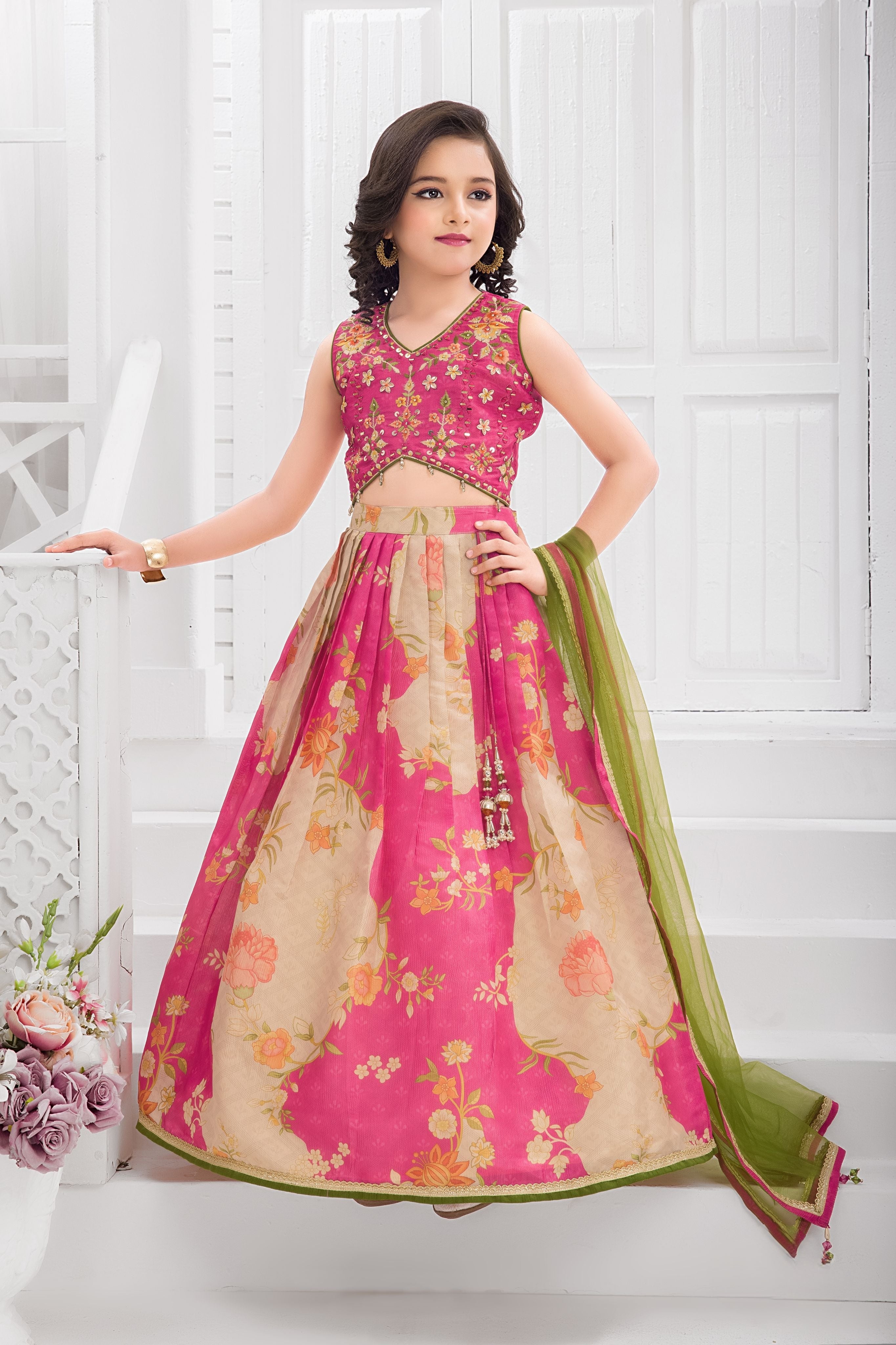 Rani Pink Floral Jacquard Lehenga Choli Set  Mokshaa