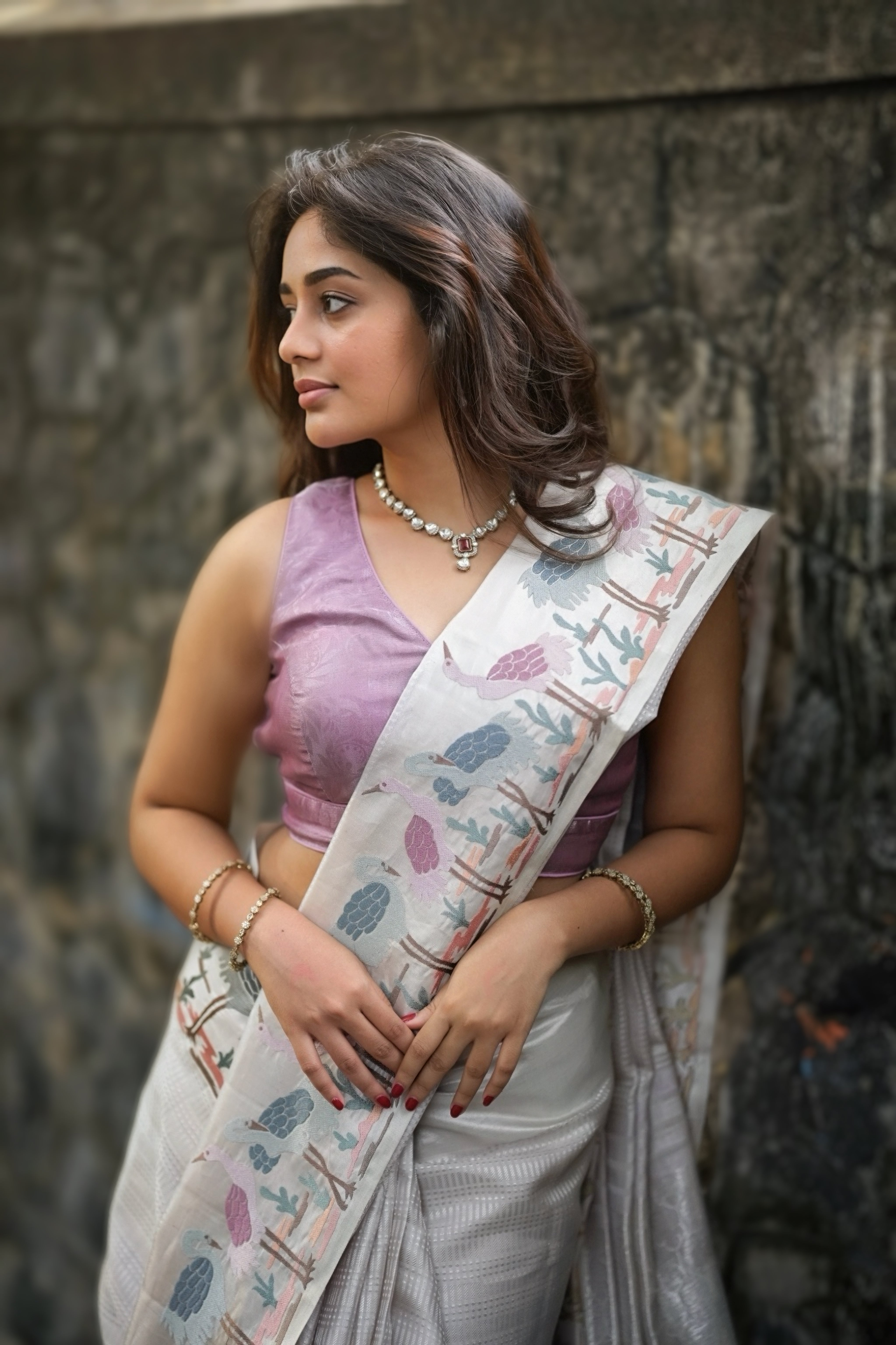 Light Lavender Silk Saree with Tissue Embroidered Border