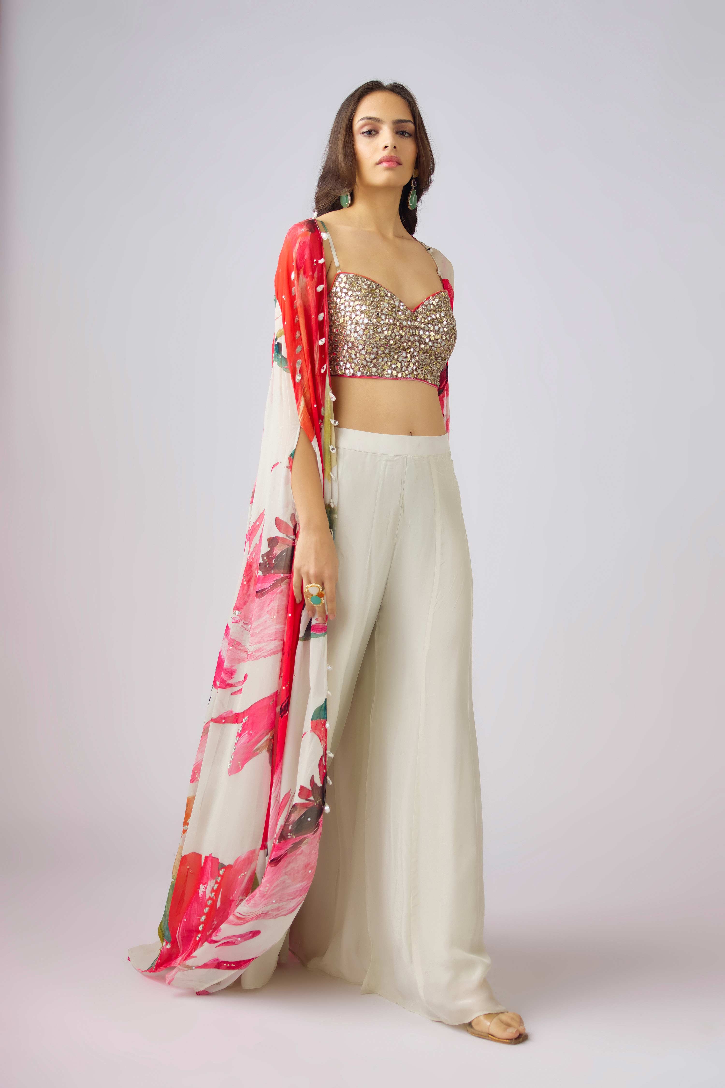 Multi Crepe Embroidered Floral Cape Set  Mokshaa