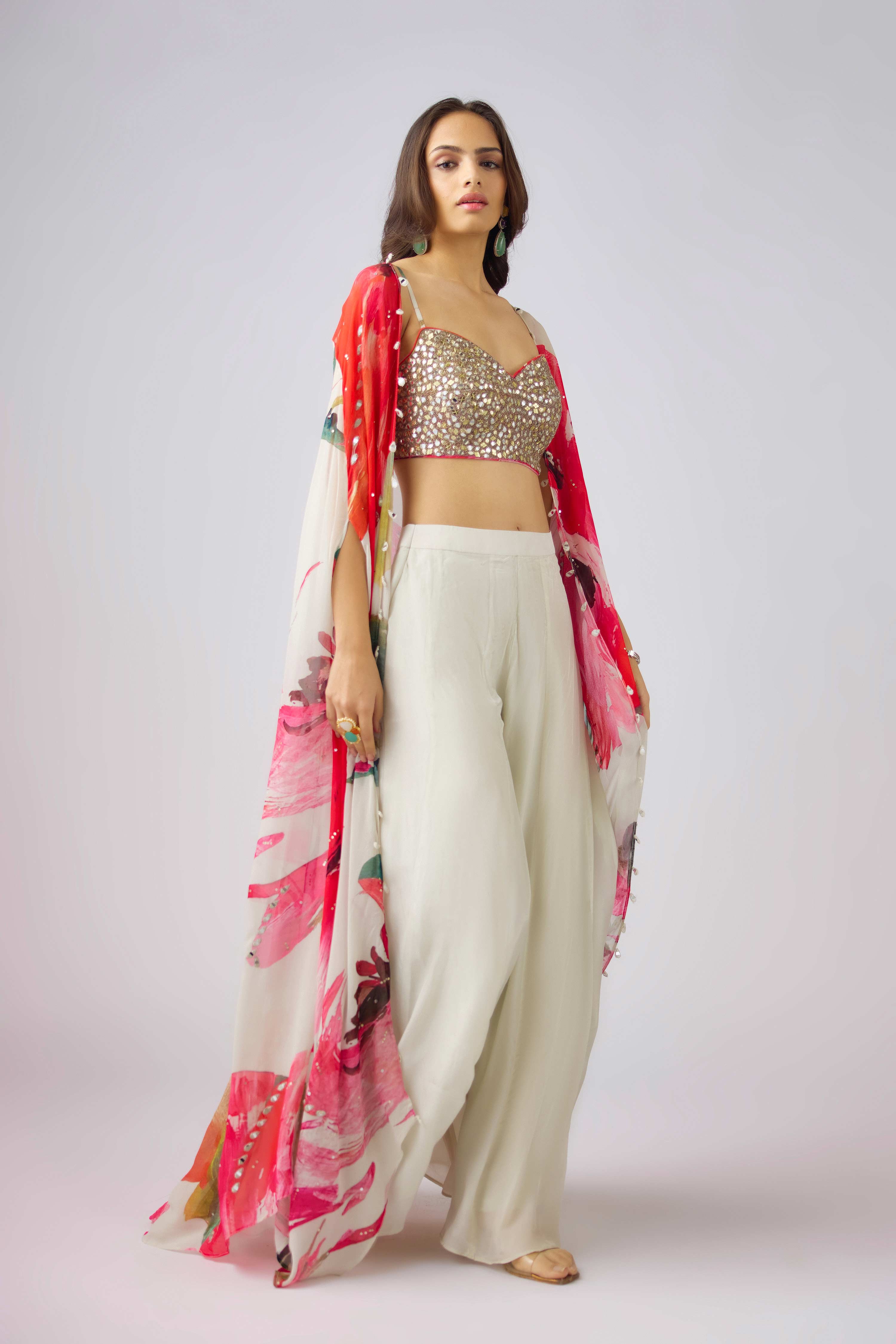 Multi Crepe Embroidered Floral Cape Set  Mokshaa