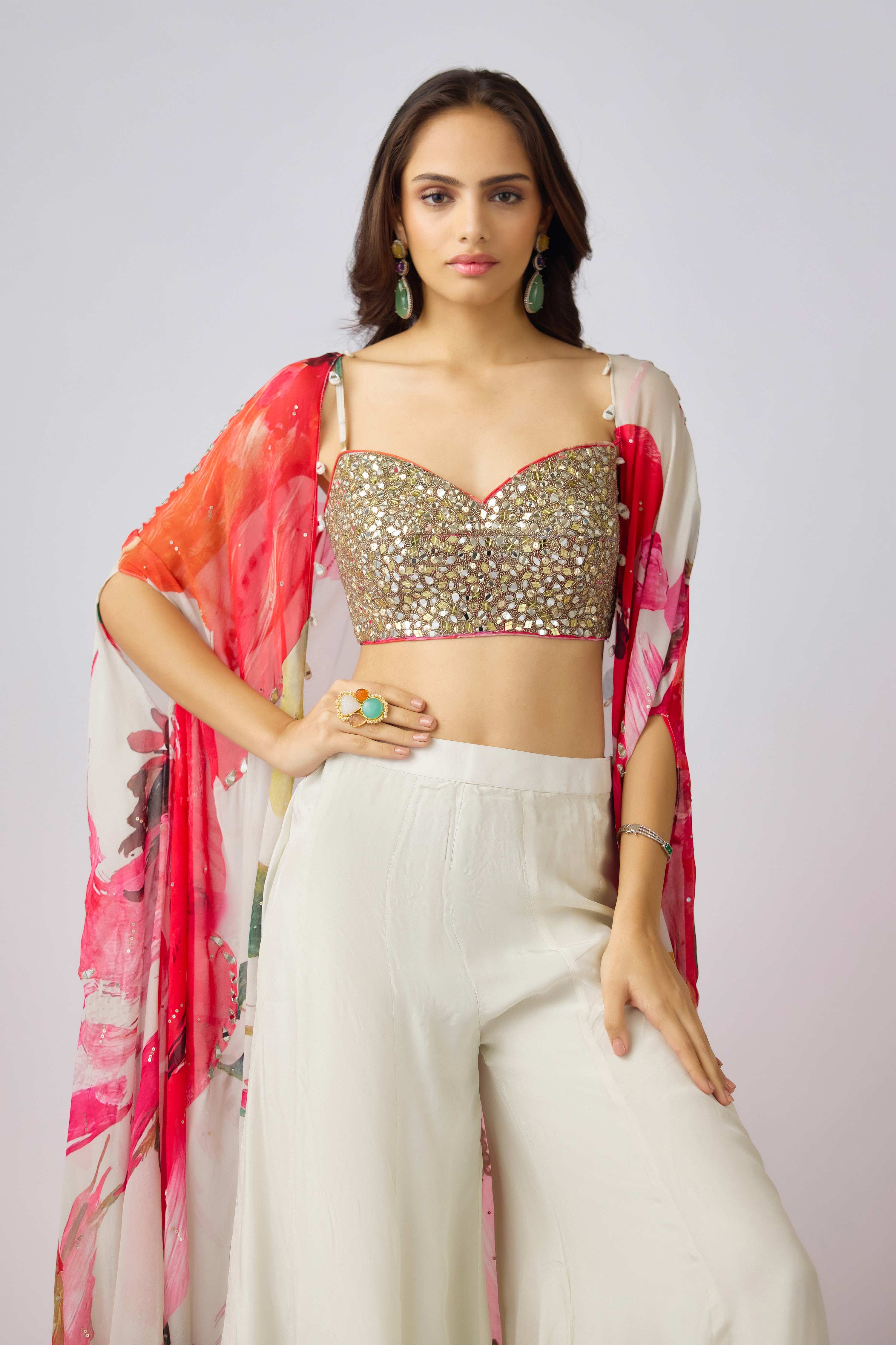 Multi Crepe Embroidered Floral Cape Set  Mokshaa