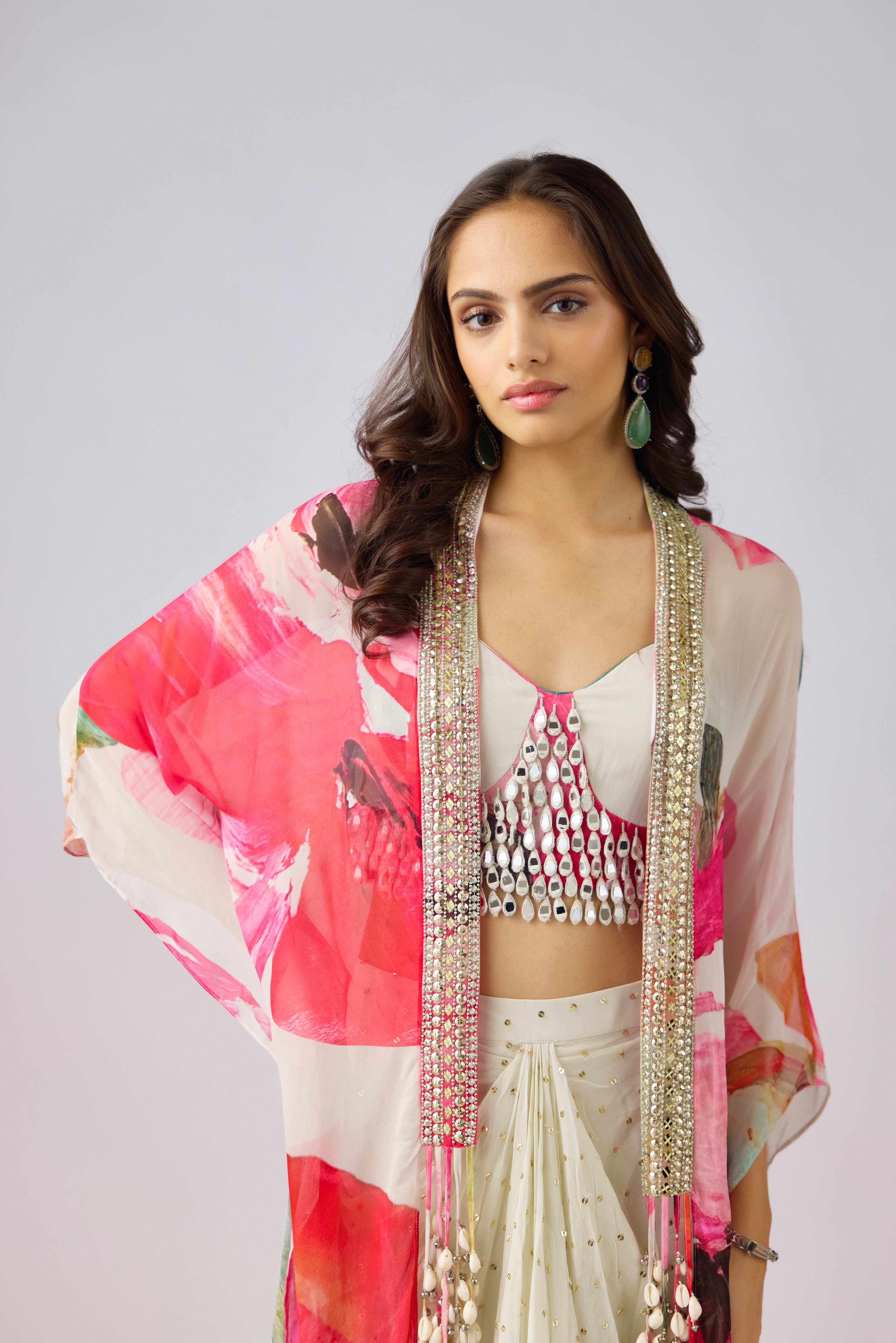 Multi Crepe Embroidered Floral Cape Set  Mokshaa