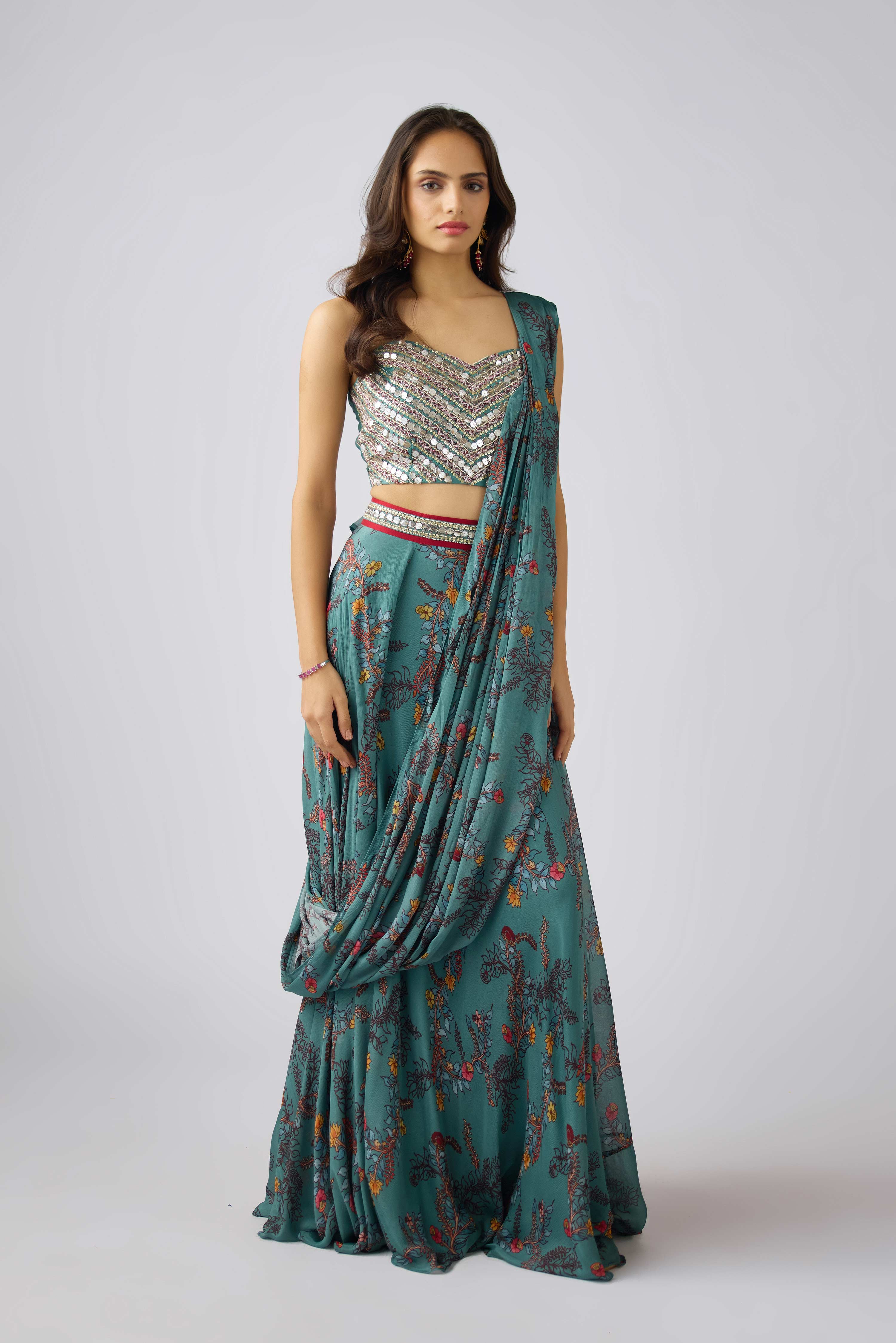 Sage Green Chinon Embroidered Pre- Draped Saree  Mokshaa