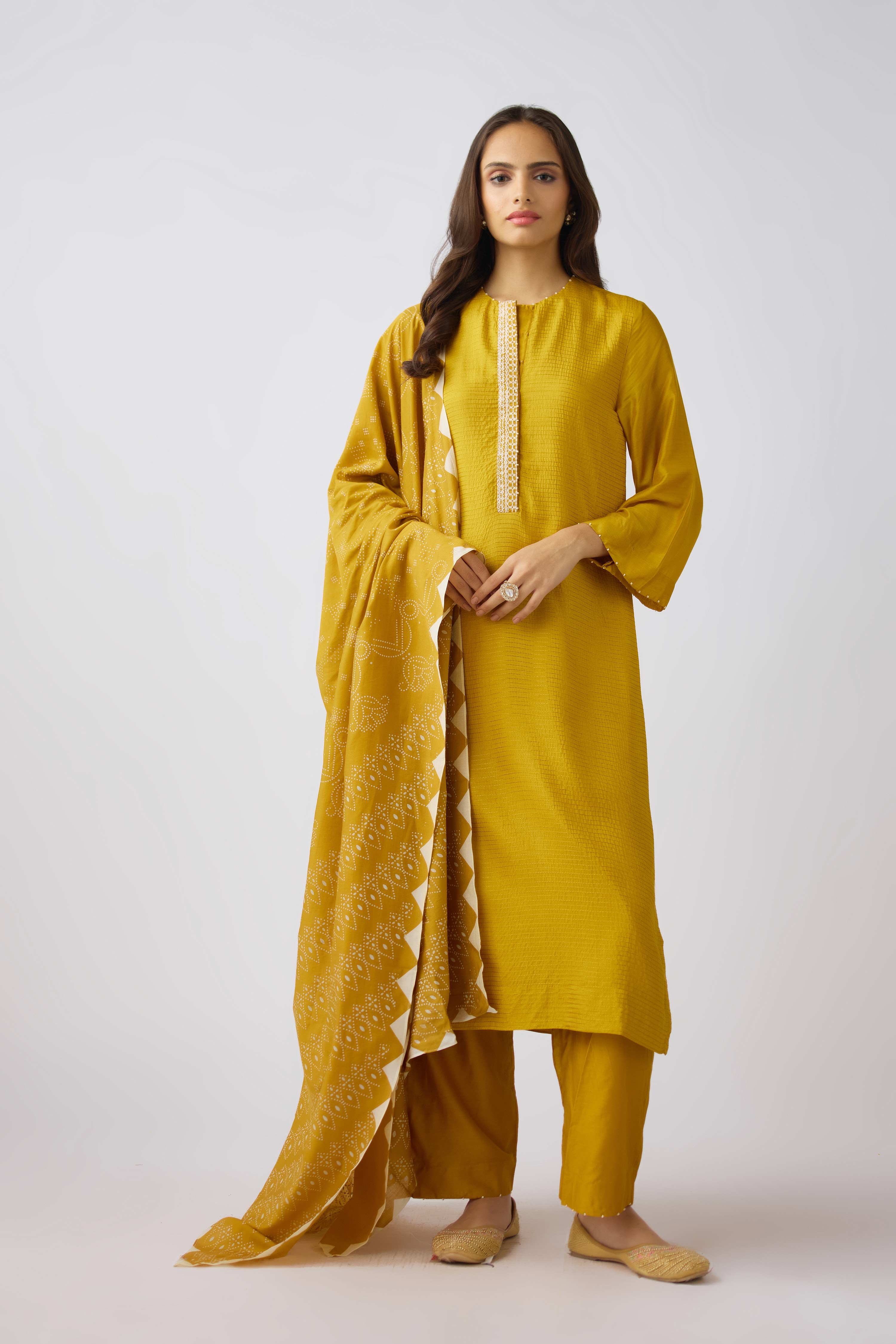 Mustard Muslin Embroidered Suit Set  Mokshaa