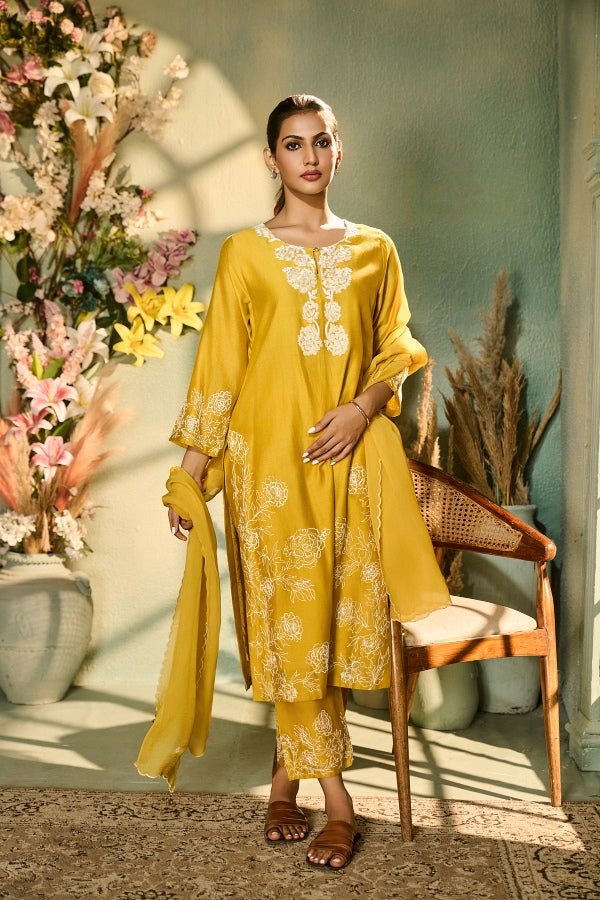 Yellow Kurta Set with White Thread Embroidery & Dupatta