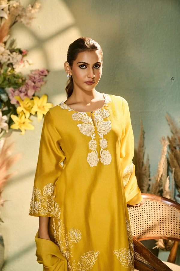 Yellow Kurta Set with White Thread Embroidery & Dupatta
