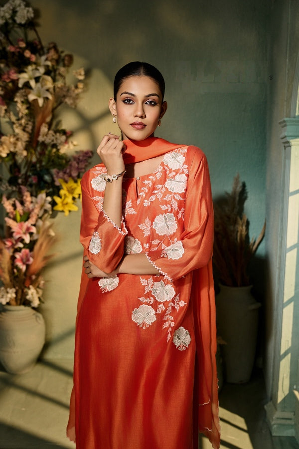 Burnt Orange Muslin Kurta Set with White Floral Embroidery & Dupatta