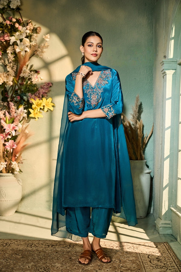 Teal Crepe Kurta Set with Intricate Antique-Gold Embroidery & Dupatta