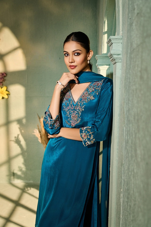 Teal Crepe Kurta Set with Intricate Antique-Gold Embroidery & Dupatta