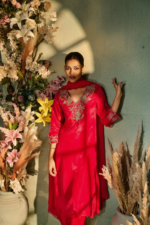Crimson Crepe Kurta Set with Zardozi & Sequin Embroidery
