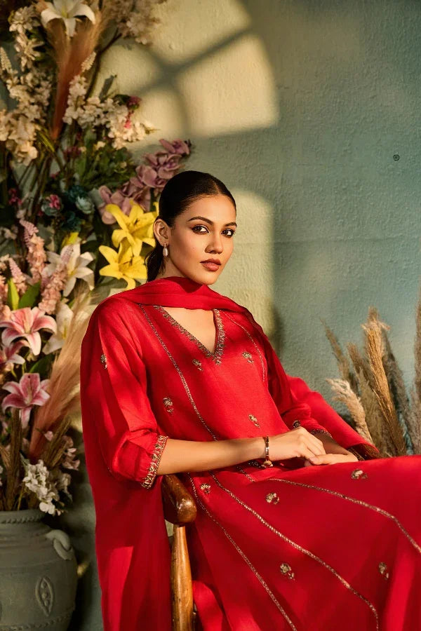 Red Silk Kurta Set with Gold Embellishment & Dupatta | Women's Ethnic Wear | Mokshaa XL Red Silk Kurta Set with Gold Embellishment & Dupatta | Women's Ethnic Wear | Mokshaa XL