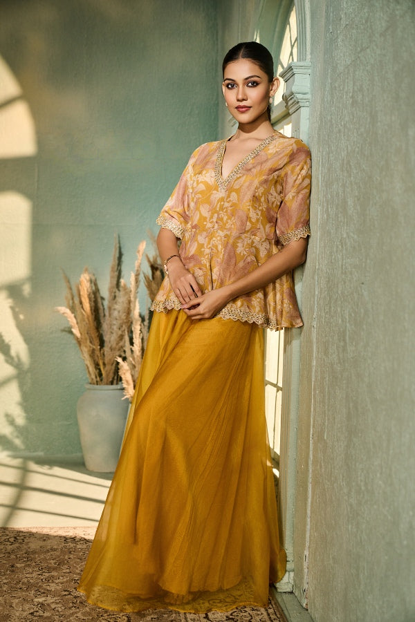 Mustard Organza Palazzo Set with Printed Peplum Top