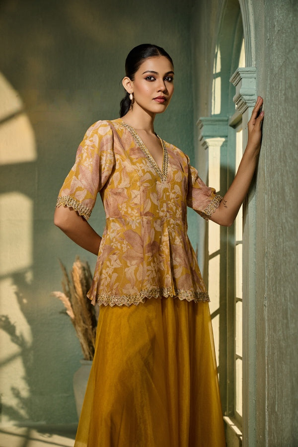 Mustard Organza Palazzo Set with Printed Peplum Top
