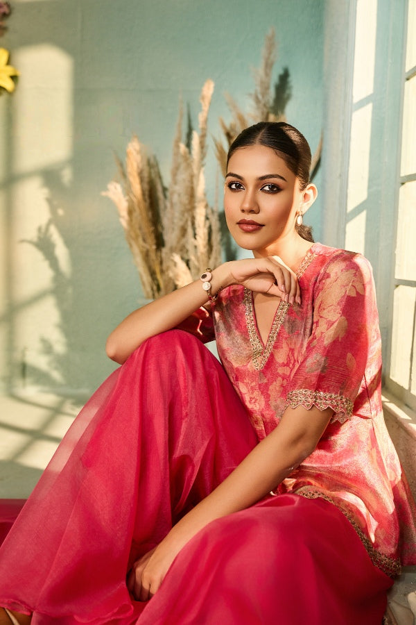 Pink Organza Peplum Top with Matching Palazzo