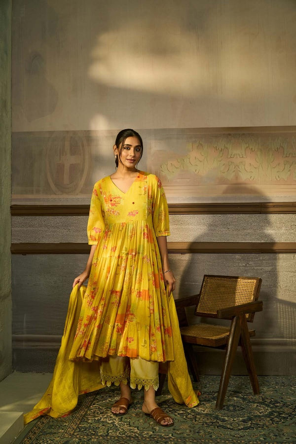 Sunshine Yellow Floral Printed Tiered Kurta Set