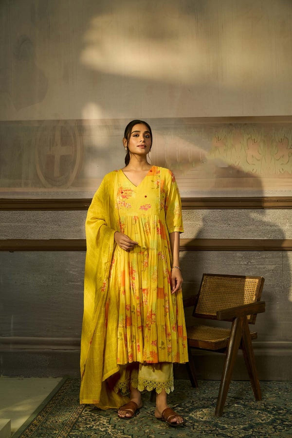 Sunshine Yellow Floral Printed Tiered Kurta Set