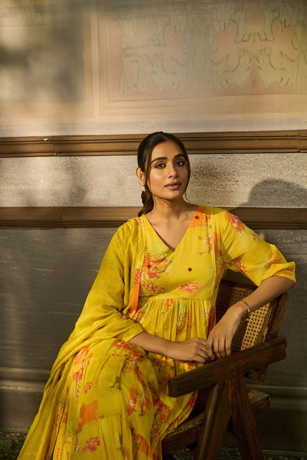 Sunshine Yellow Floral Printed Tiered Kurta Set