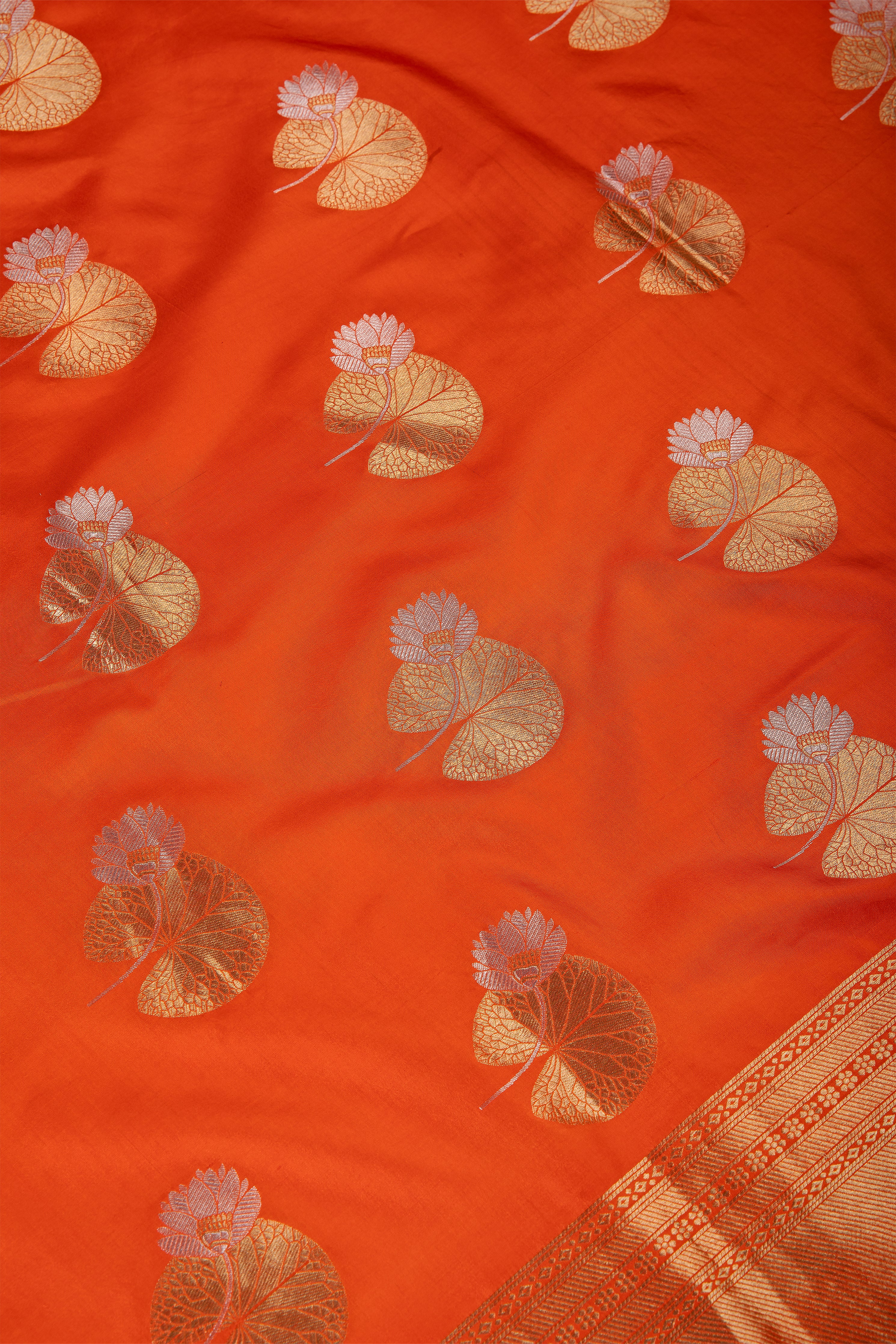 Orange Banaras Satin Silk Saree - Mokshaa