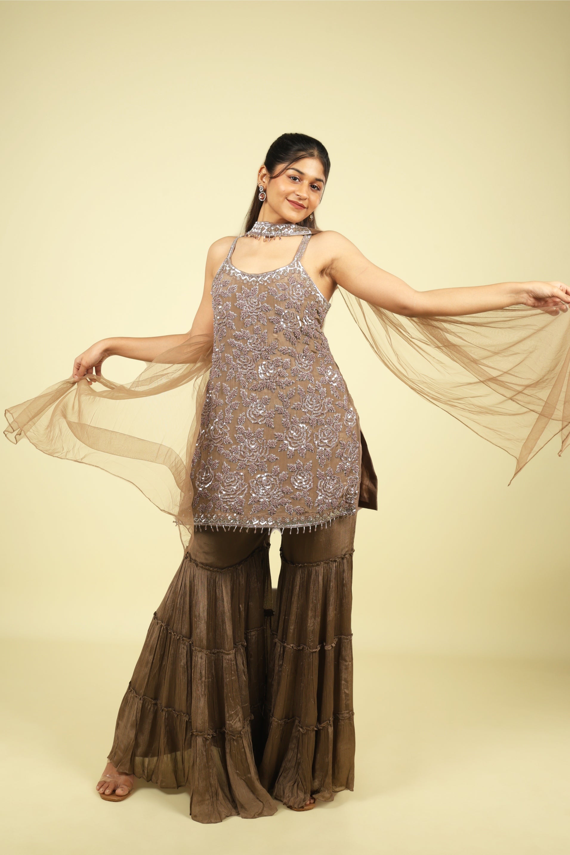 Brown Embroidered Chinon Sharara Set