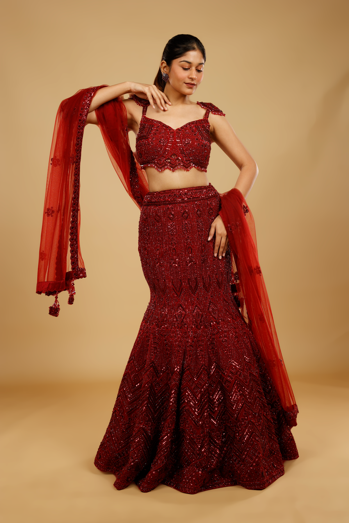 Maroon Hand-Embroidered Mermaid Lehenga Set | Mokshaa