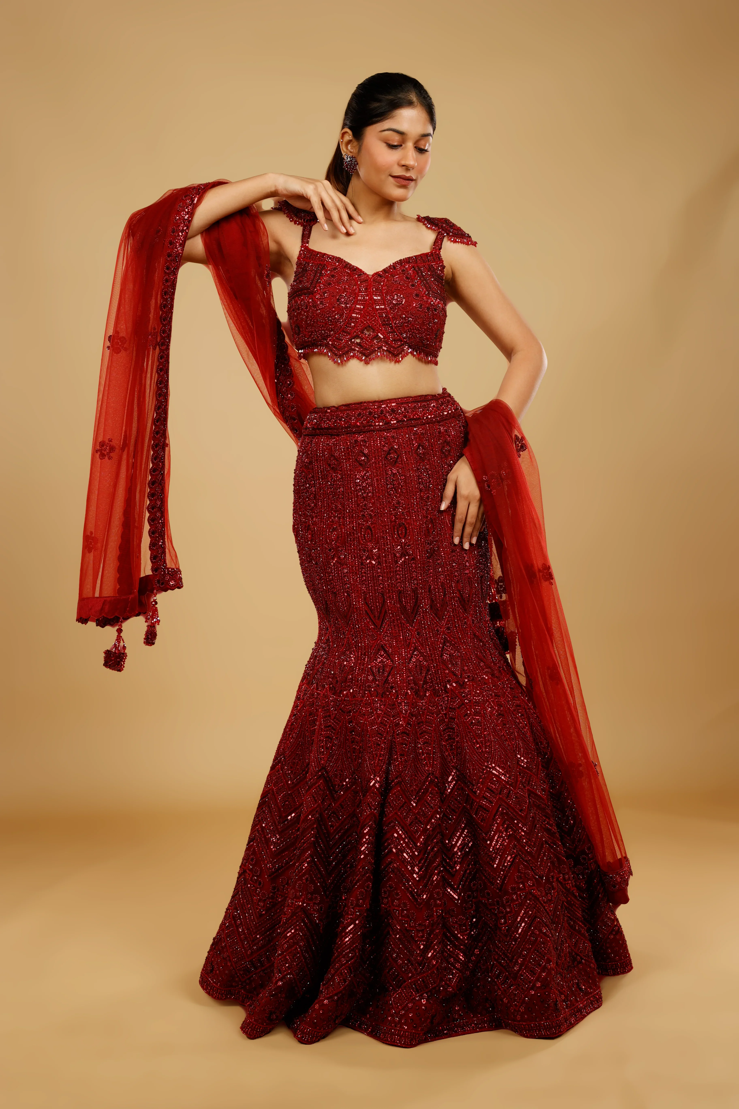 Maroon Hand-Embroidered Mermaid Lehenga Set - Mokshaa