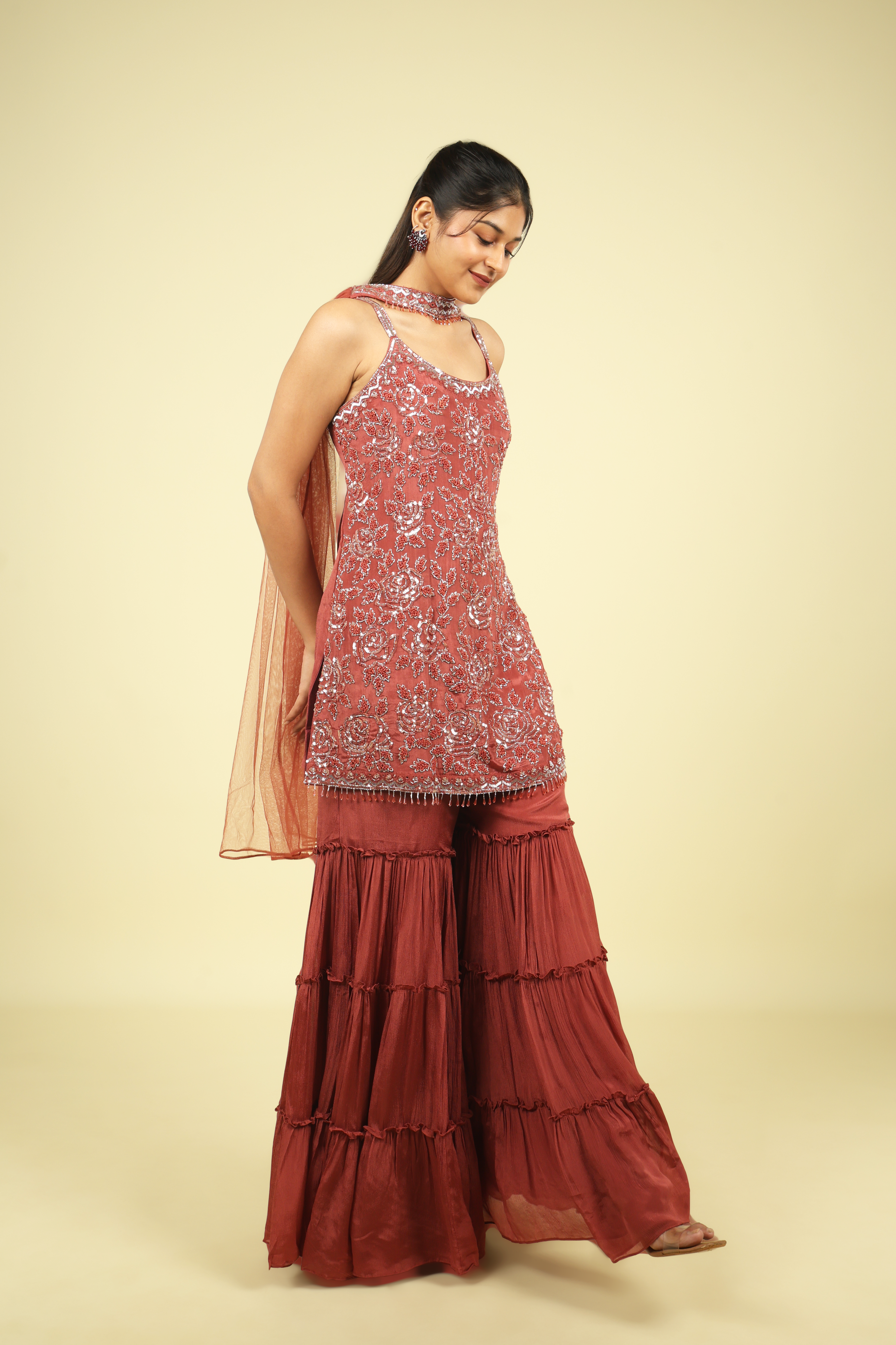 Brick Embroidered Chinon Sharara Set - Mokshaa