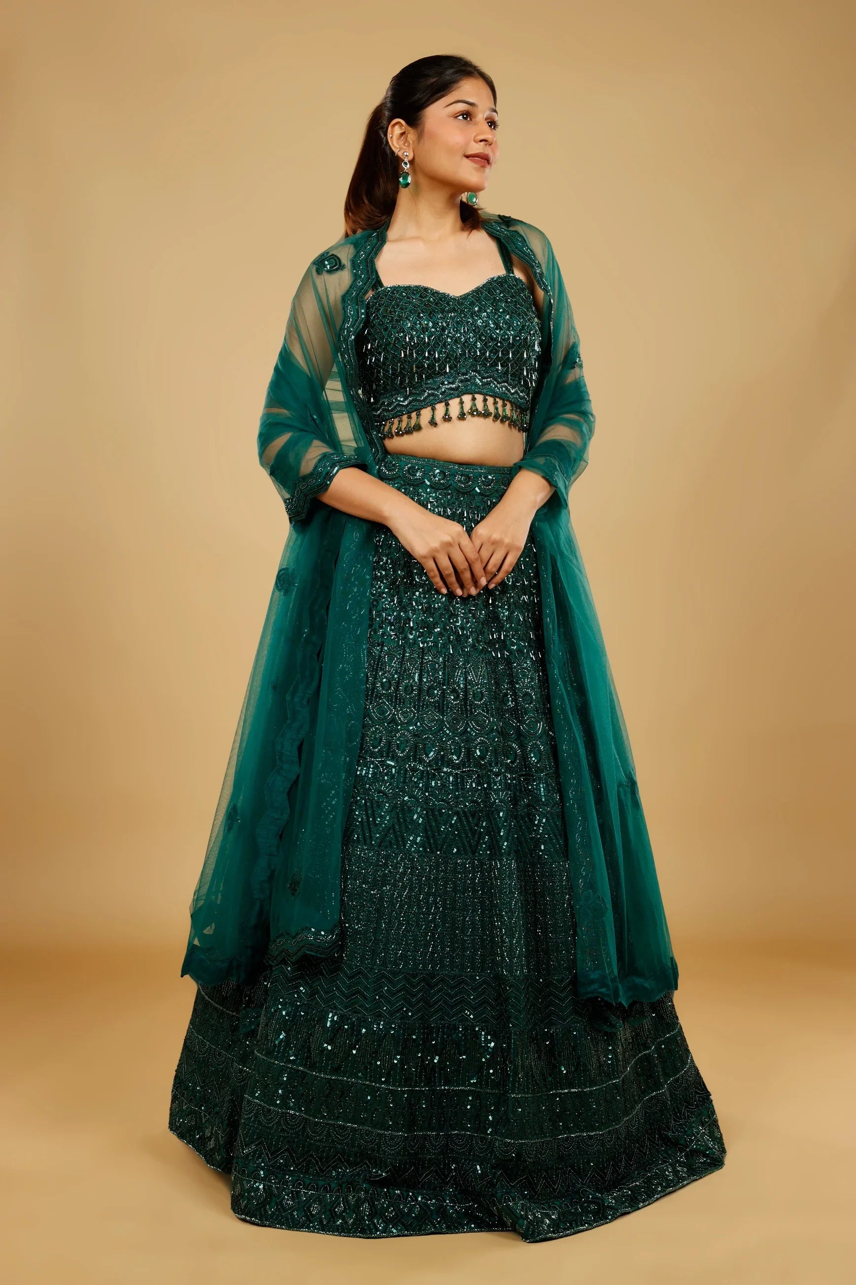 Bottle Green Net Lehenga Set with Sequin, Cutdana & Pearl Embroidery