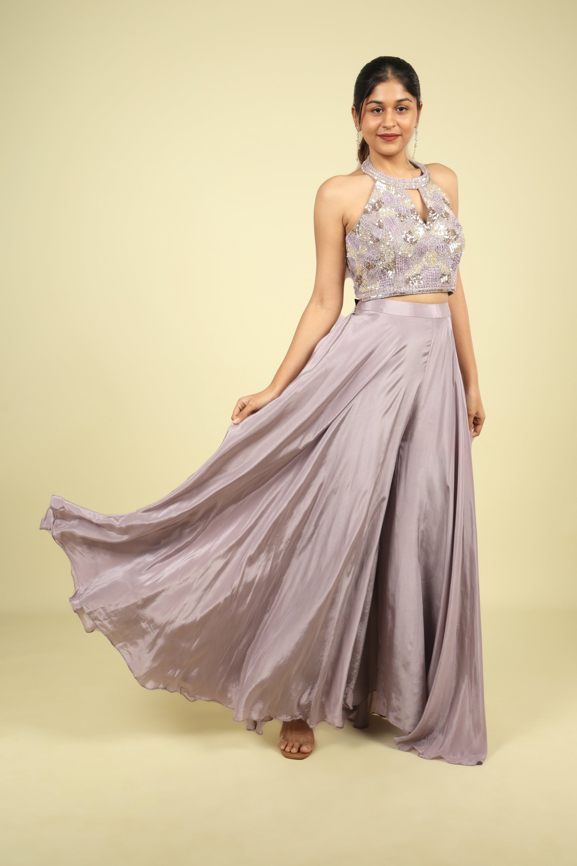 Lavender Embroidered Crepe Halter Palazzo Set