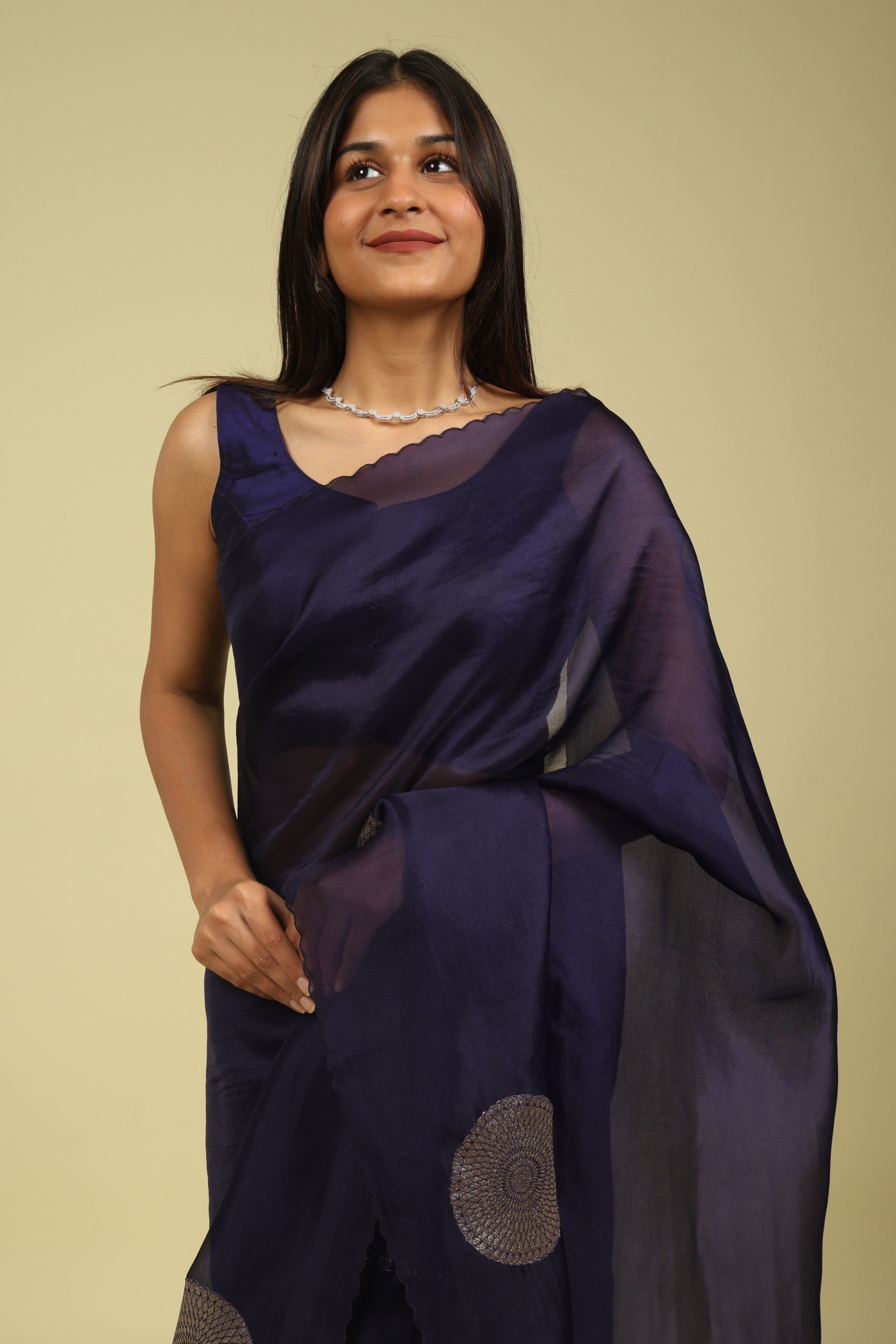 Navy Blue Organza Saree with Zari Appliqué Motifs