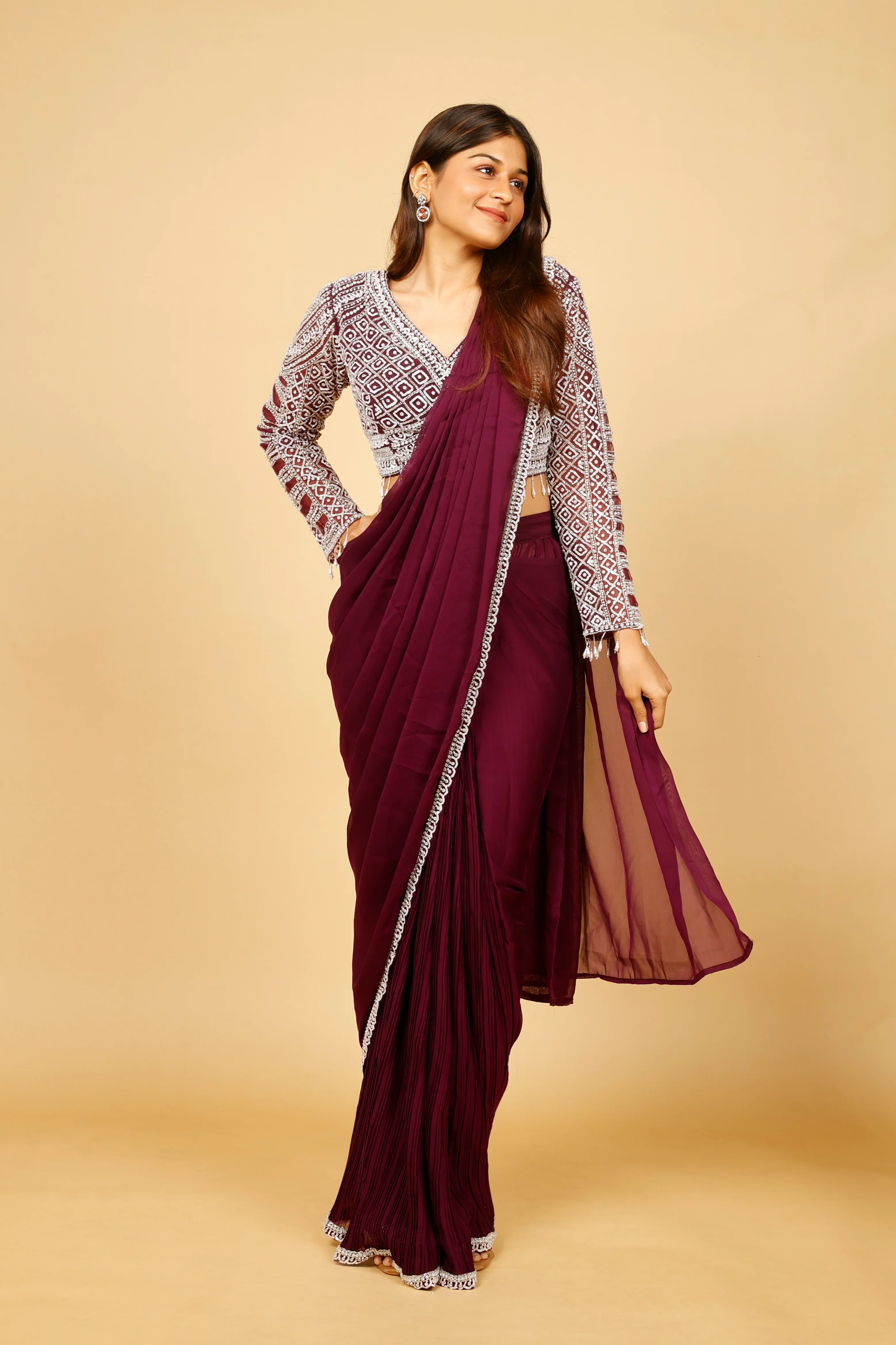 Plum Chinon Drape Saree with Sequin & Stone Embroidered Blouse - Mokshaa