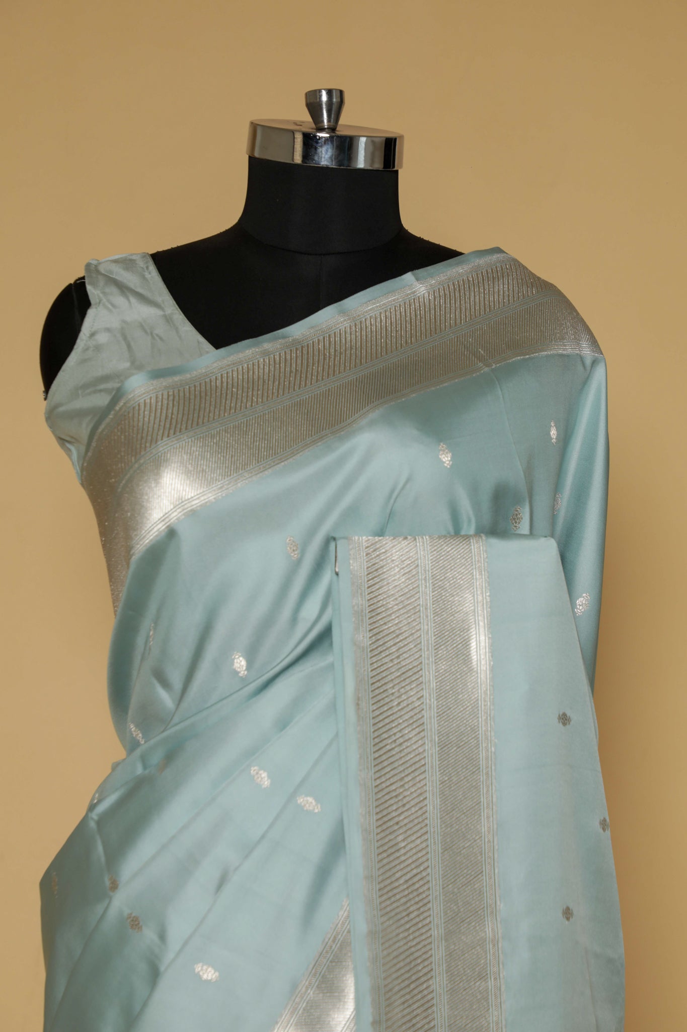 Light Blue Banarasi Mushroom Silk Saree with Silver Motifs & Silver Zari Border
