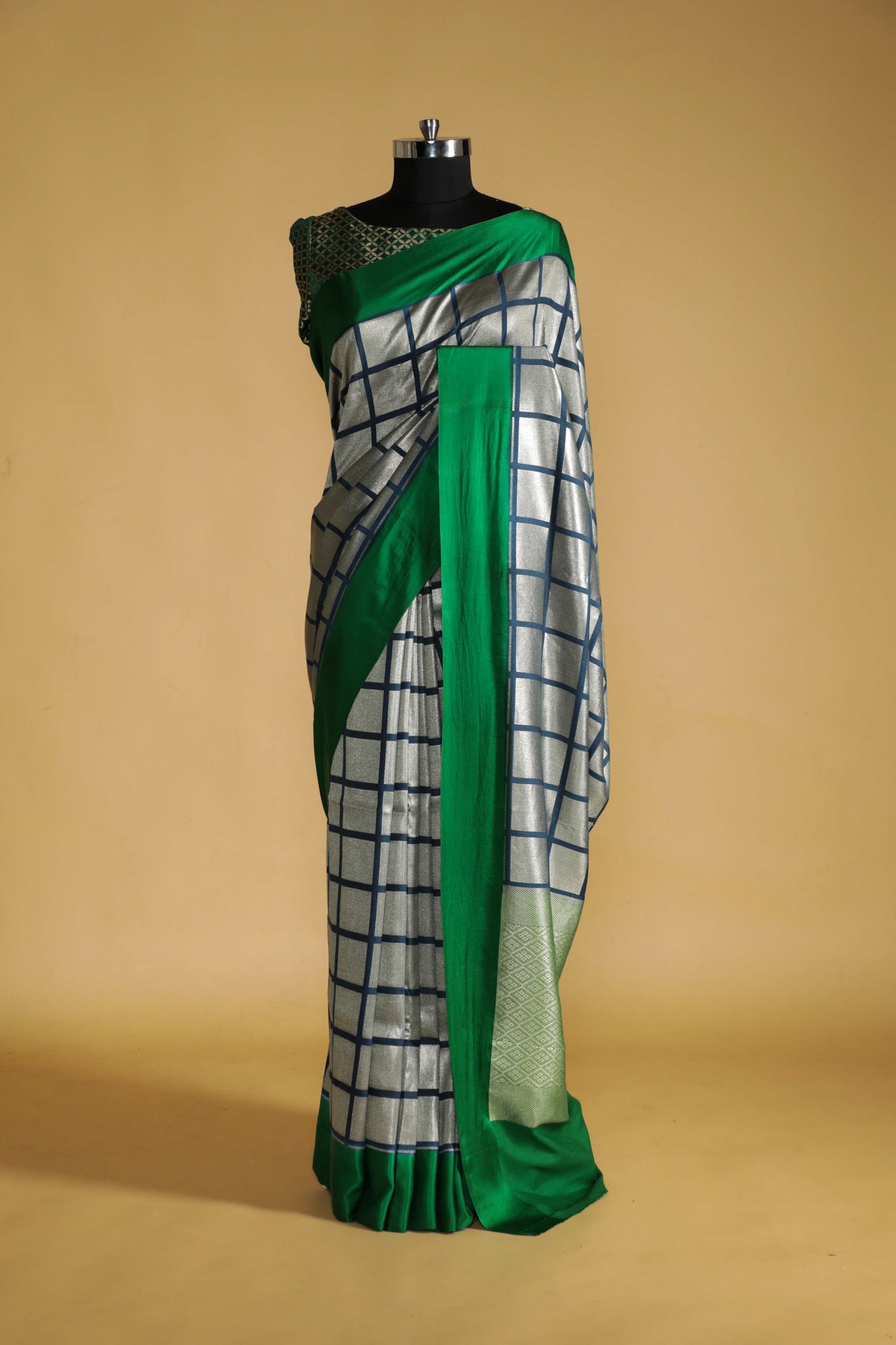 Ash Blue Handloom Silk Saree with Silver Zari Geometric Weaving