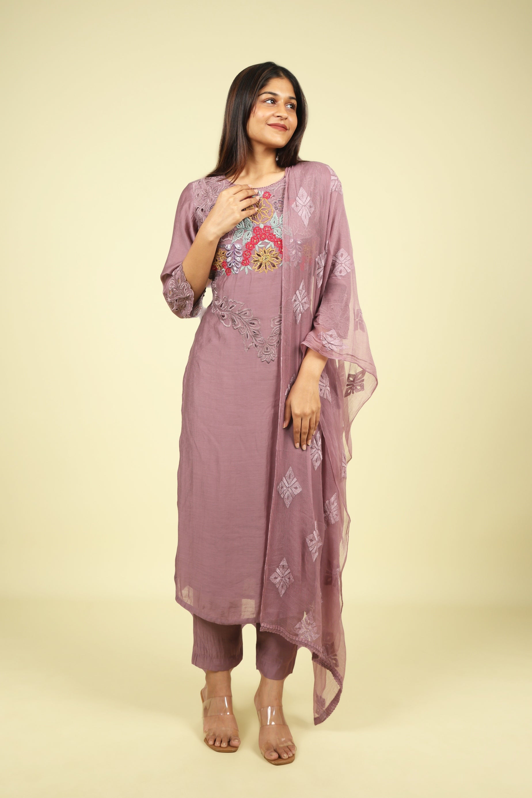 Dark Lavender Mul Chanderi Embroidered Straight Cut Salwar Suit