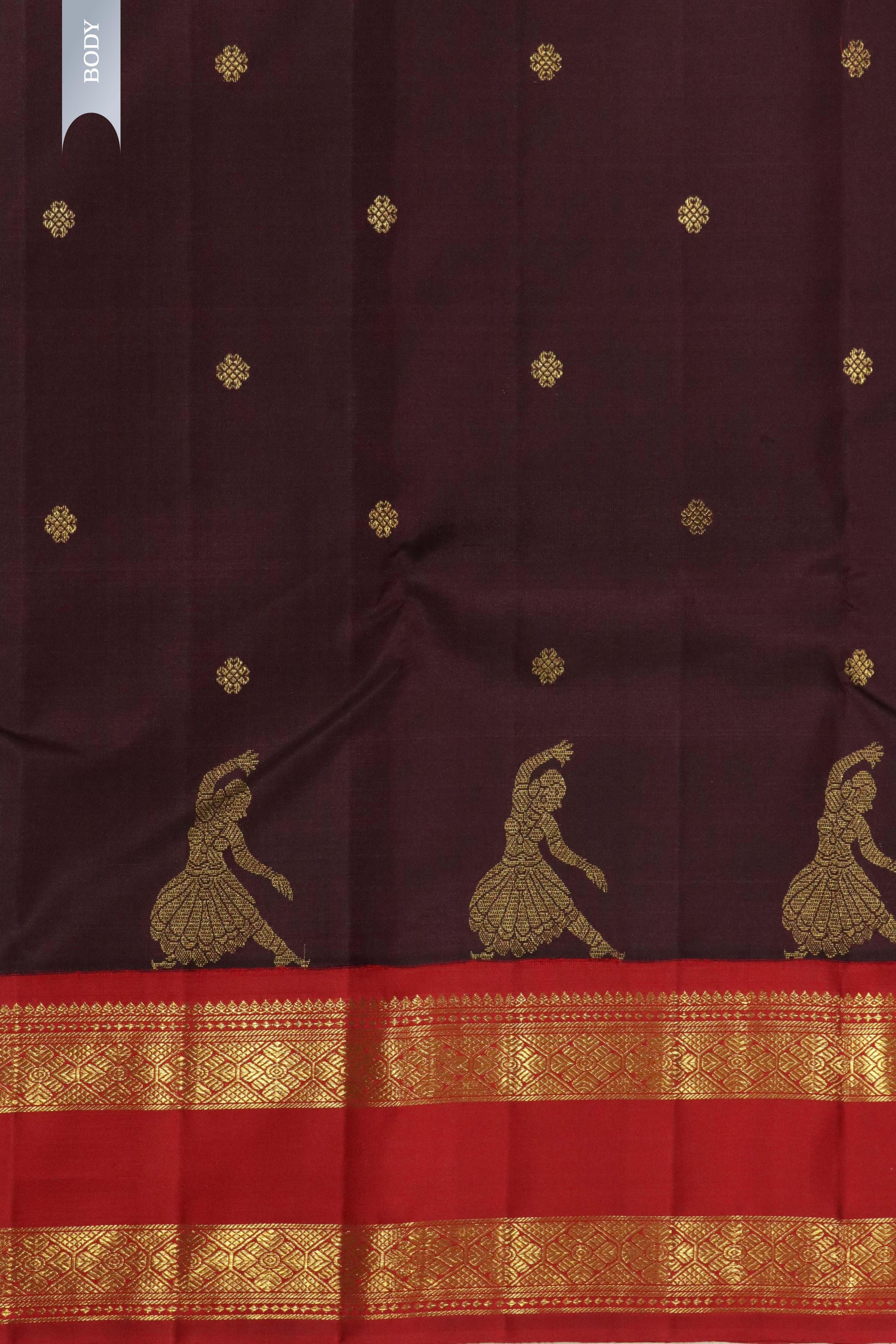 Chocolate Brown Kanchipuram Silk Saree with Motifs & Dancing Figurines and Contrast Zari Border - Mokshaa