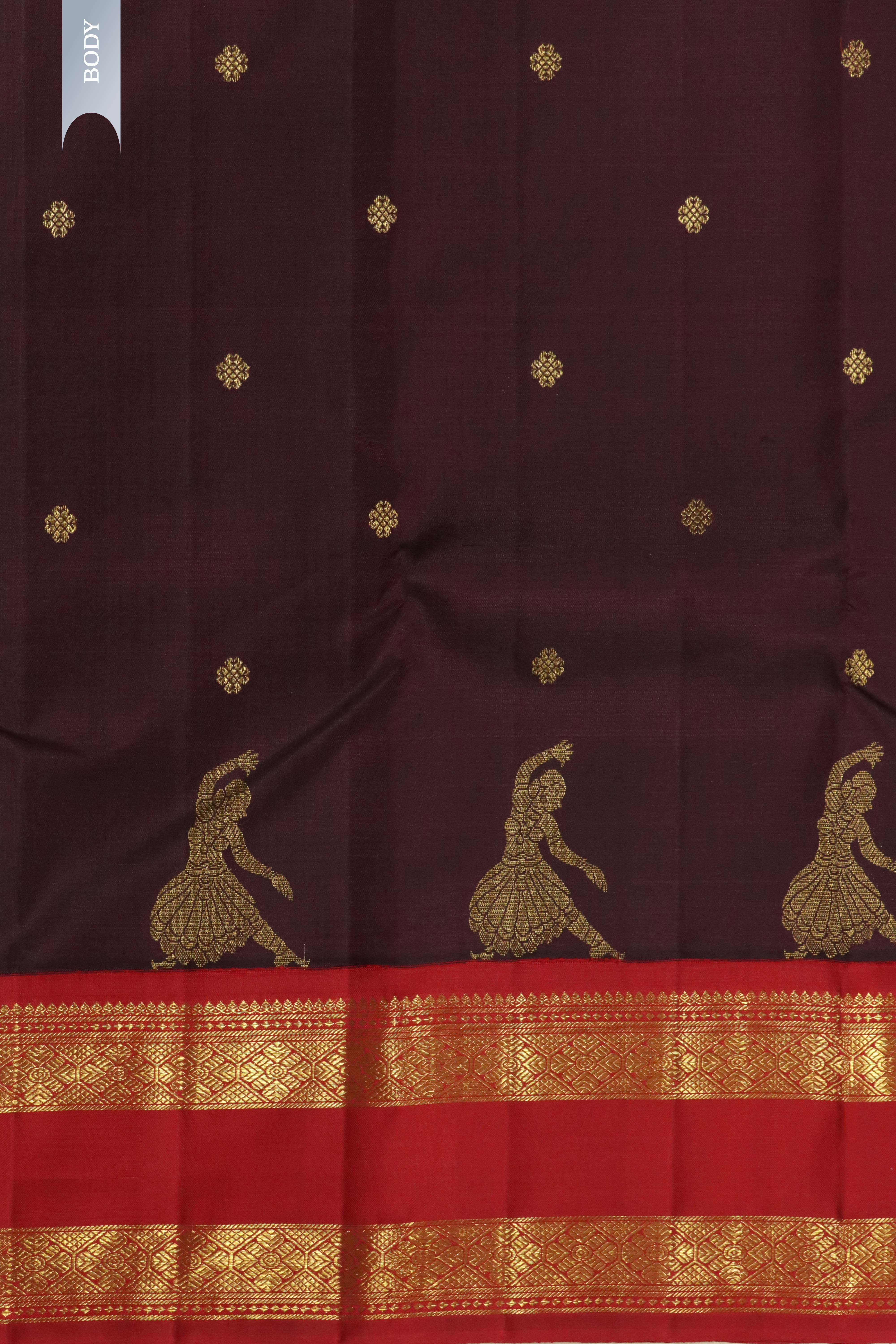 Chocolate Brown Kanchipuram Silk Saree with Motifs & Dancing Figurines and Contrast Zari Border