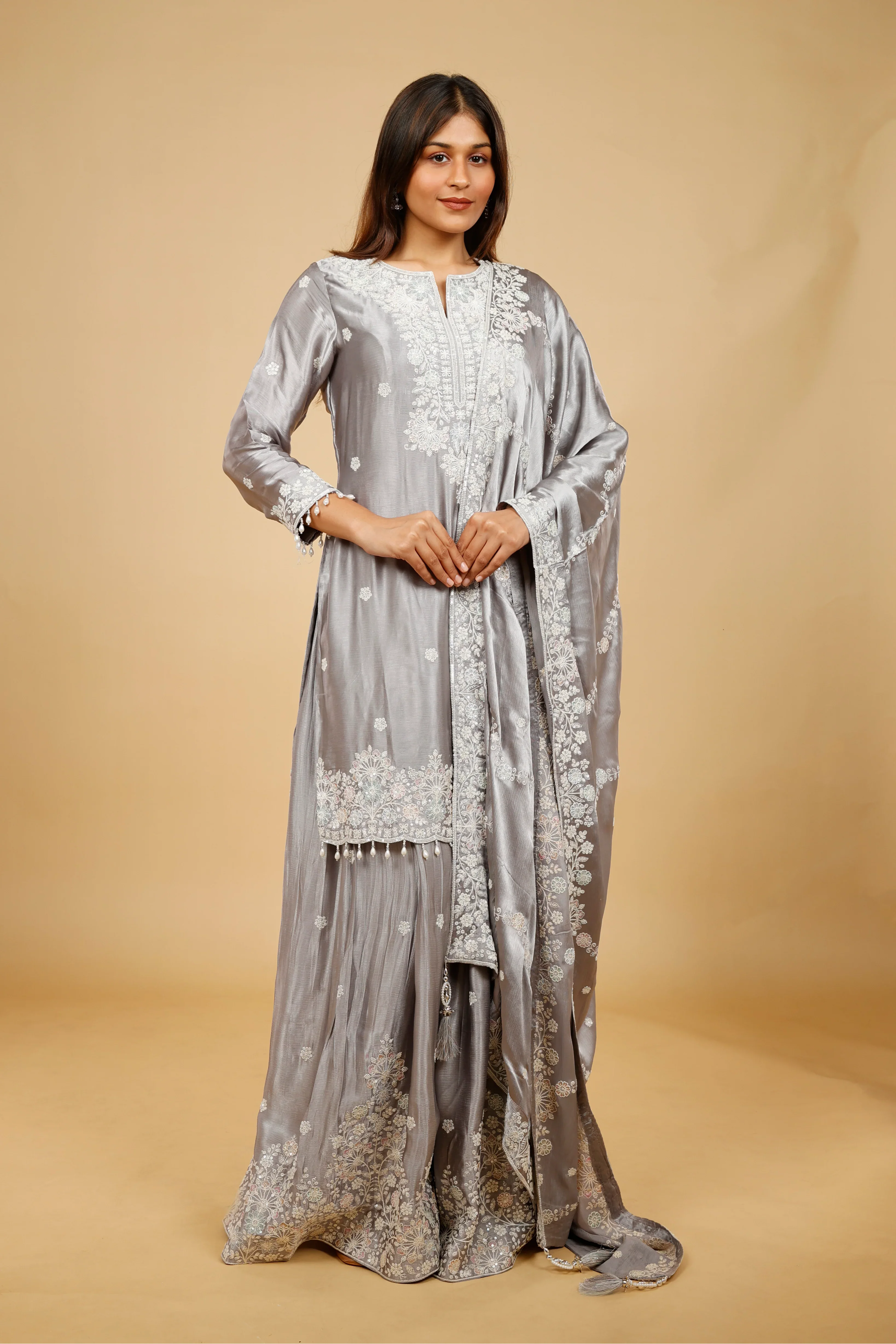 Silver Grey Chinon Silk Sharara Set with Thread, Pearl & Sequin Embroidery - Mokshaa