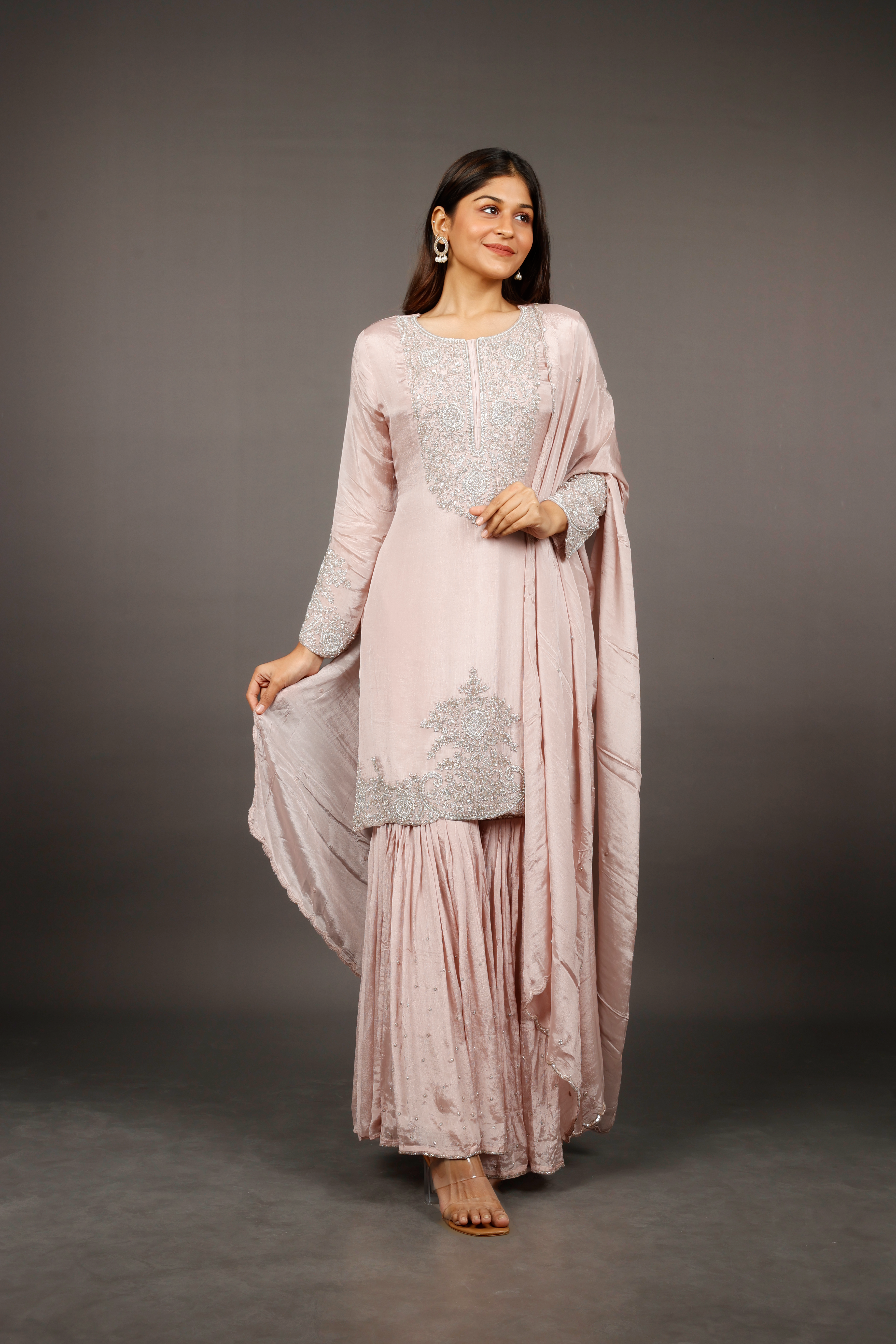 Blush Pink Chinon Silk Sharara Set with Kutdana & Pearl Embroidery