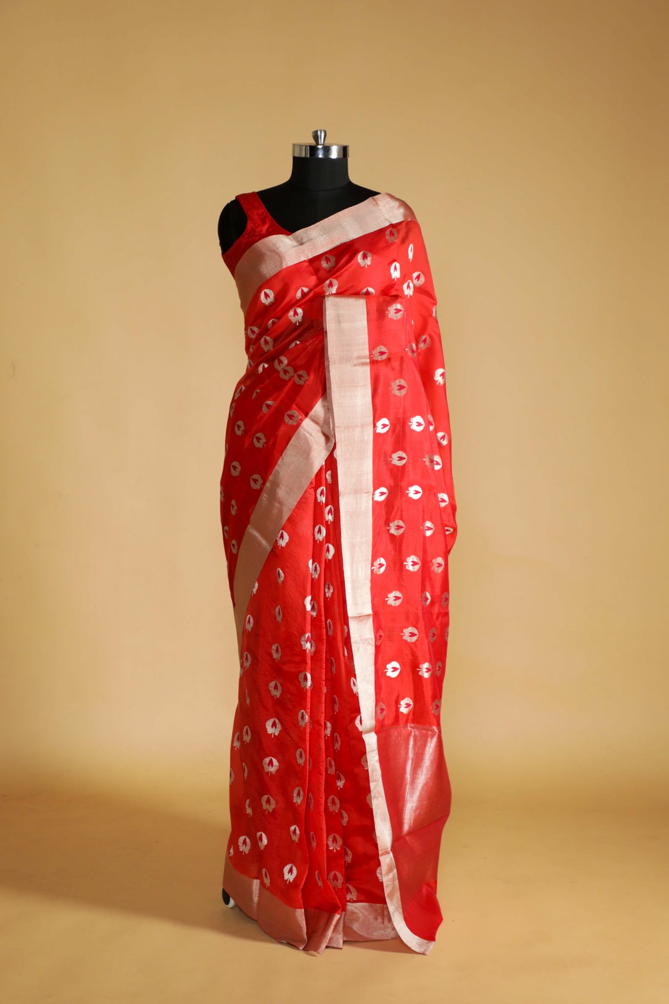 Orange Banarasi Chanderi Silk Saree with Silver & Thread Motifs