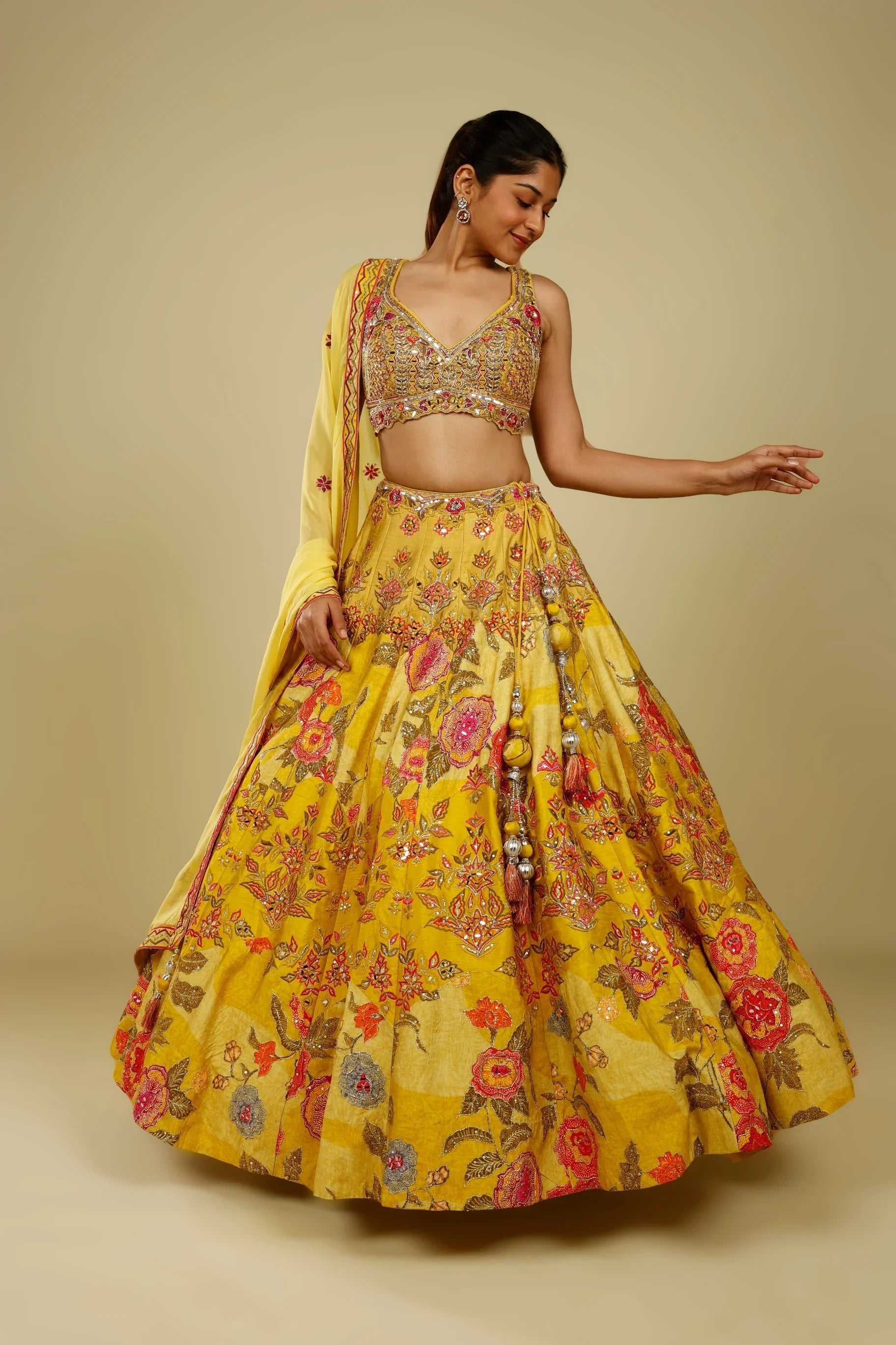 Yellow Silk Printed Lehenga Set with Thread, Mirror & Zari Embroidery | Mokshaa