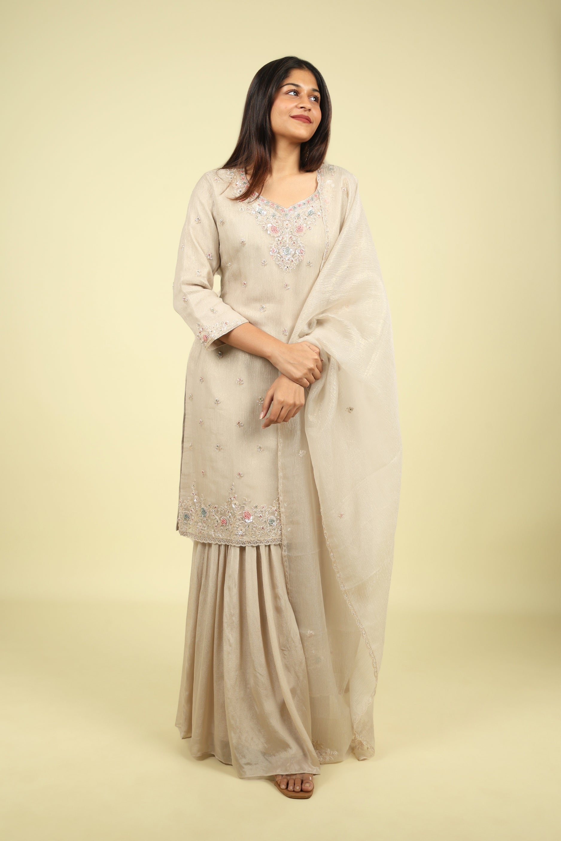Beige Embroidered Crush Tissue Sharara Set