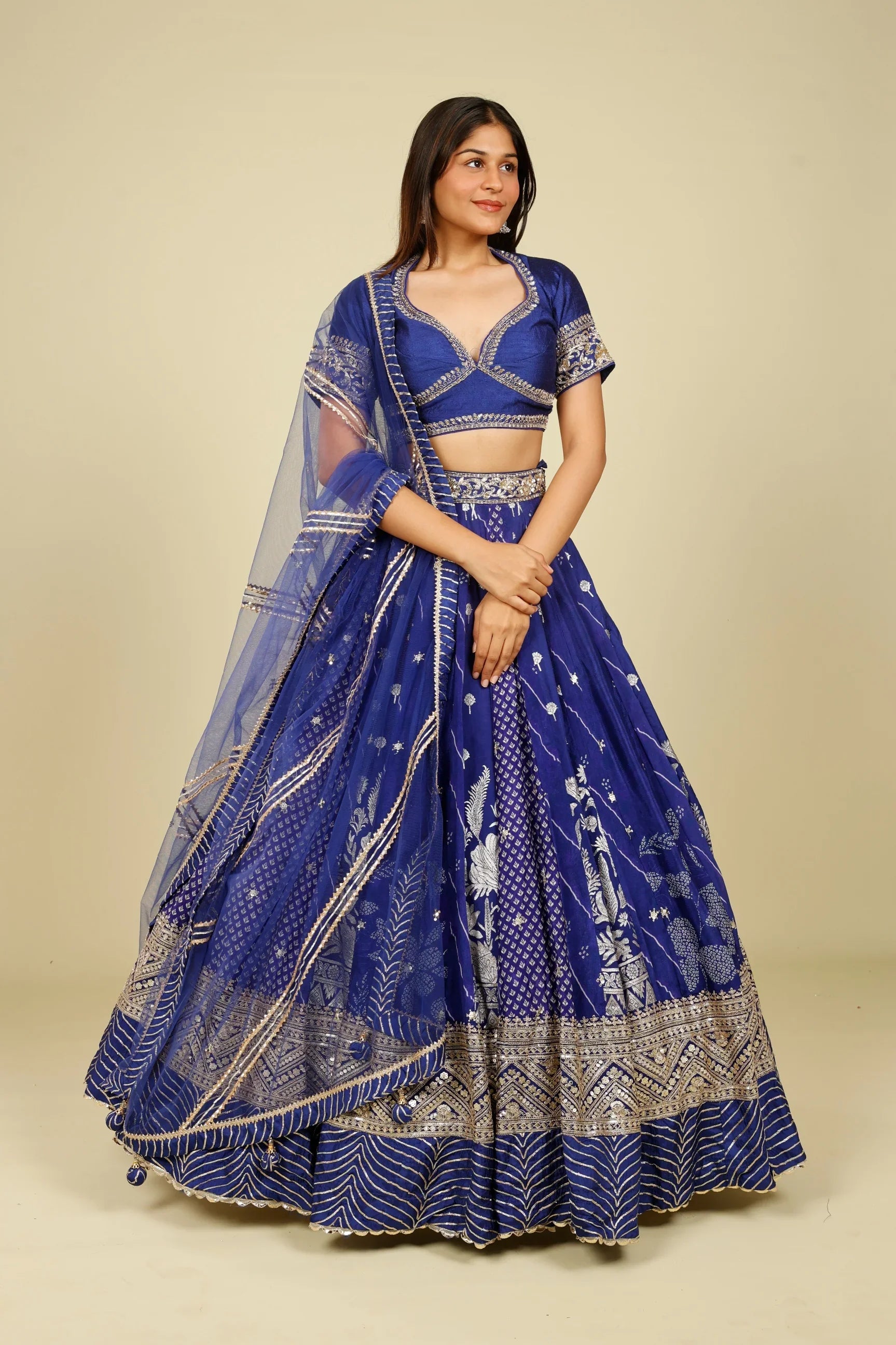 Royal Blue Printed Crepe Silk Lehenga Set with Zardozi & Gota Embroidery | Mokshaa