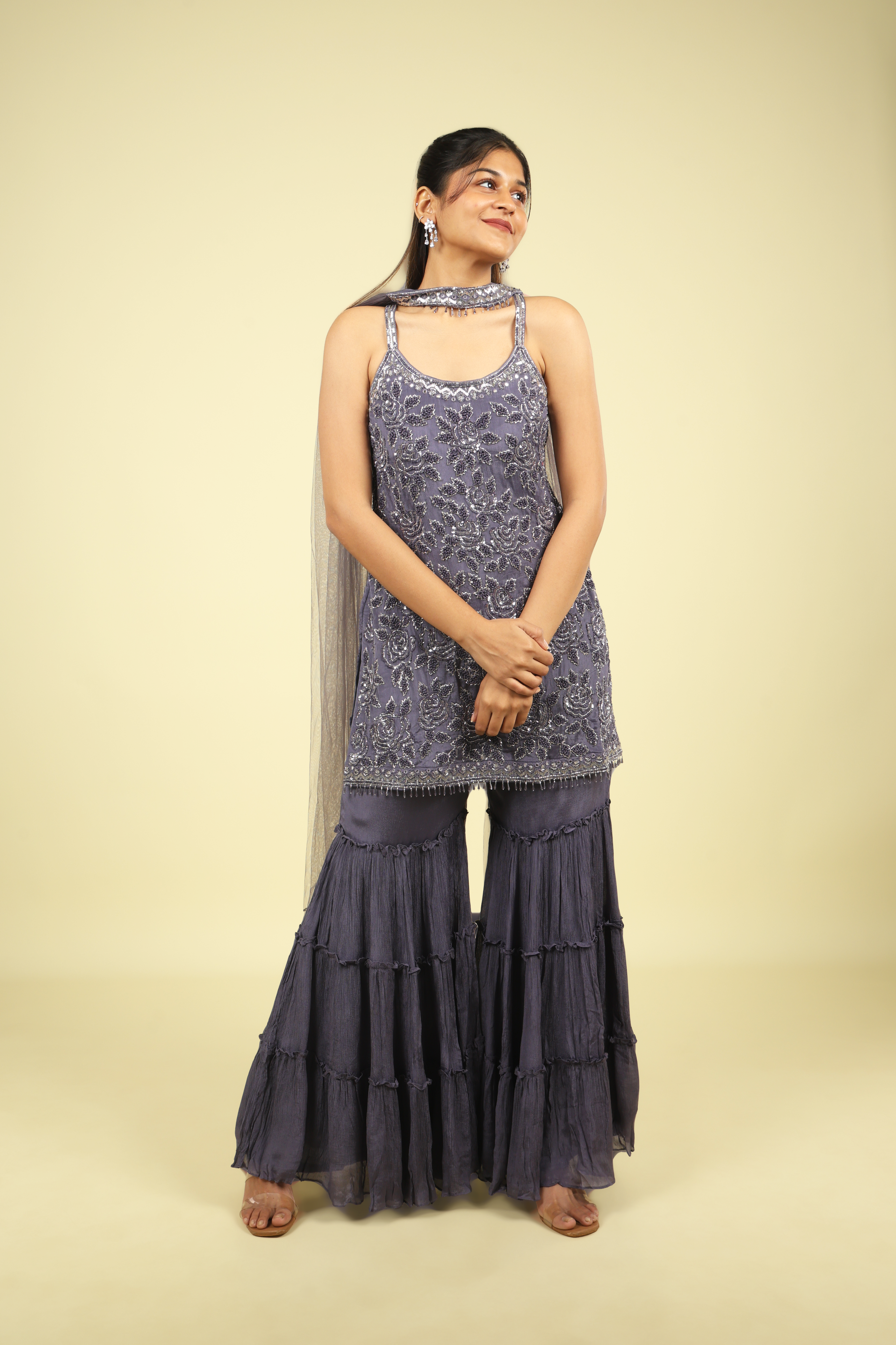 Amethyst Chinon Sharara Set with Sequin & Cutdana Embroidery - Mokshaa