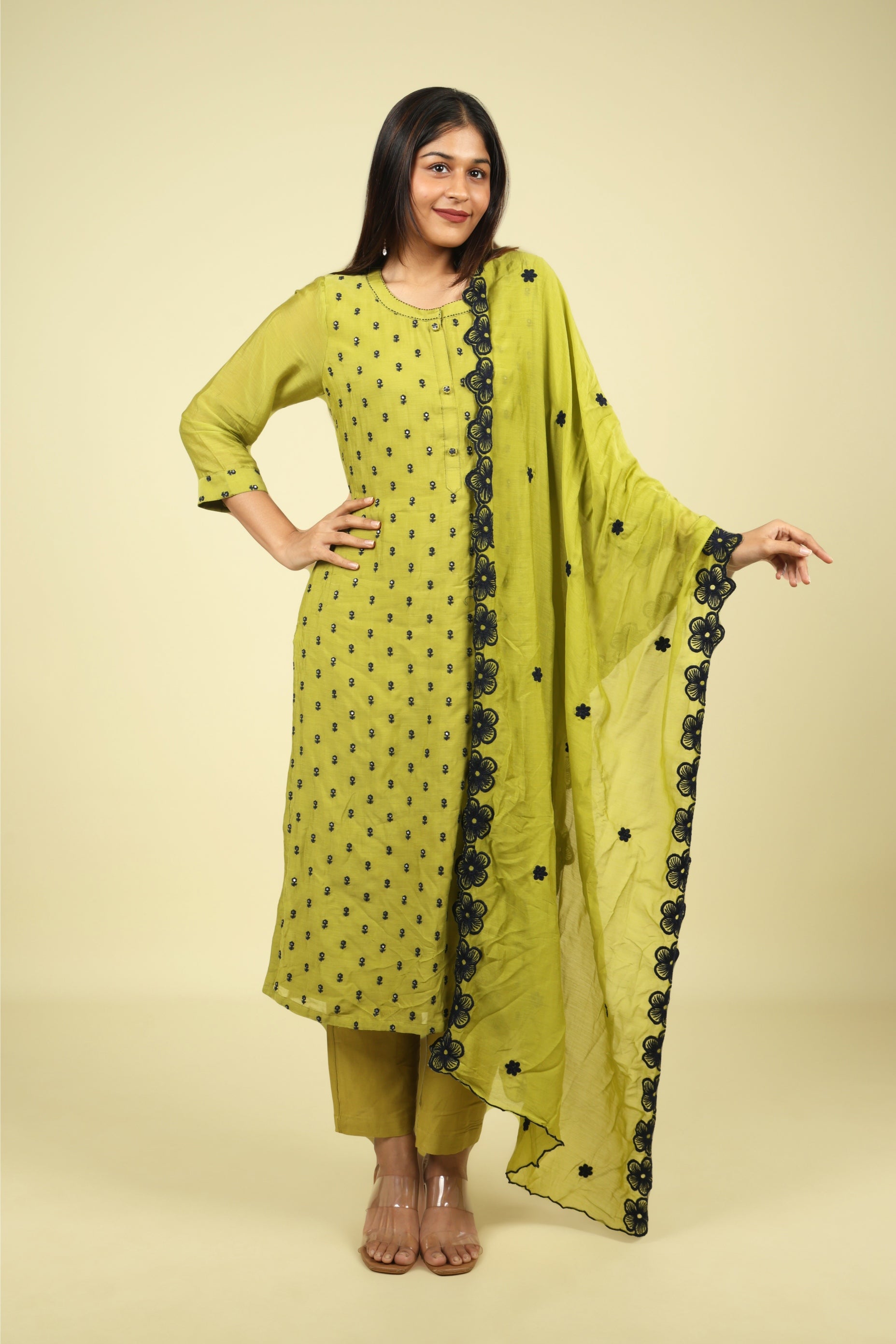 Olive Green Mul Chanderi Straight Cut Salwar Set with Navy Thread Embroidery