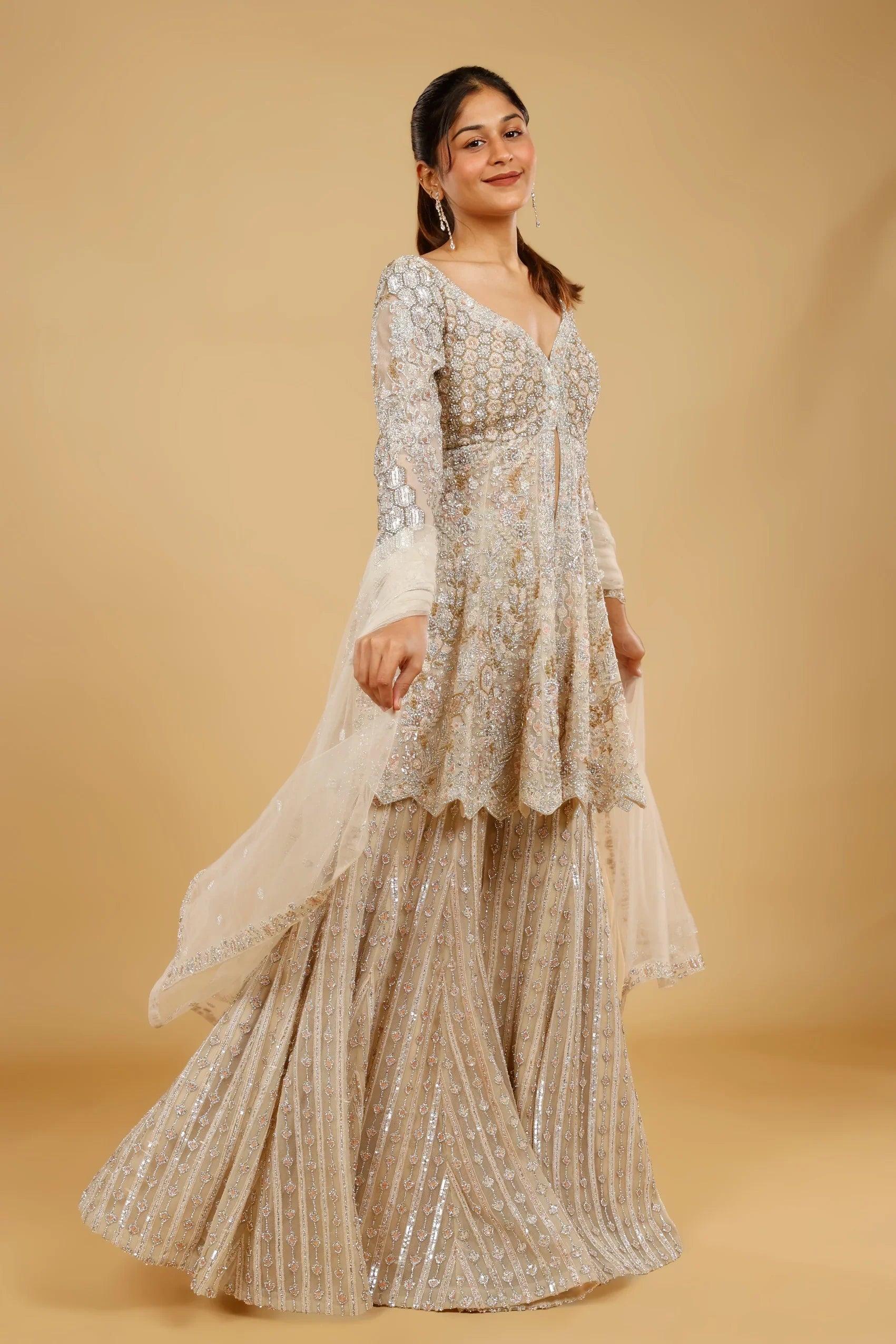 Ivory Net Sharara Set with Stone, Kundan & Sequin Embroidery