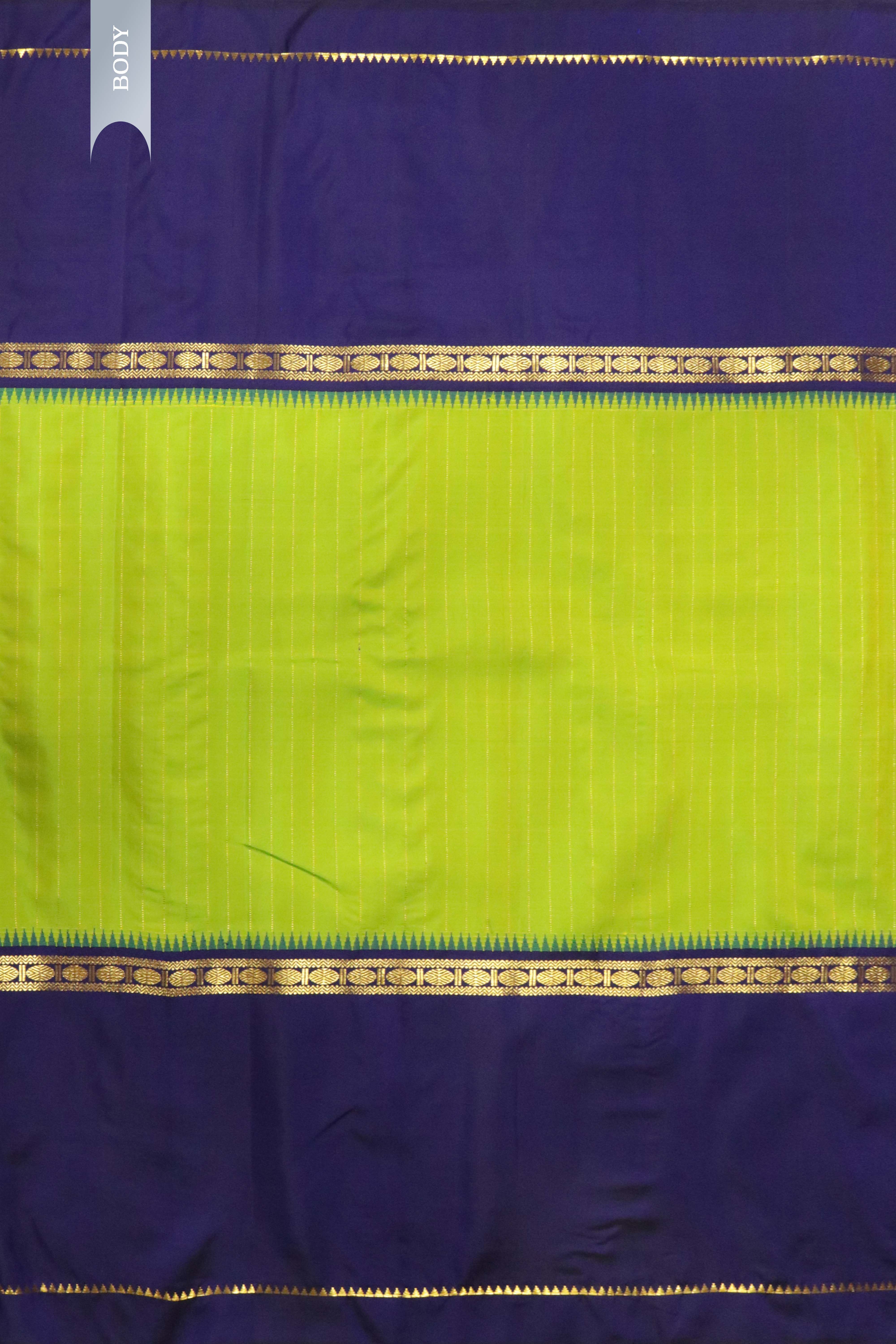 Green & Blue Kanchipuram Silk Saree with Vertical Zari Lines & Rudraksha Border