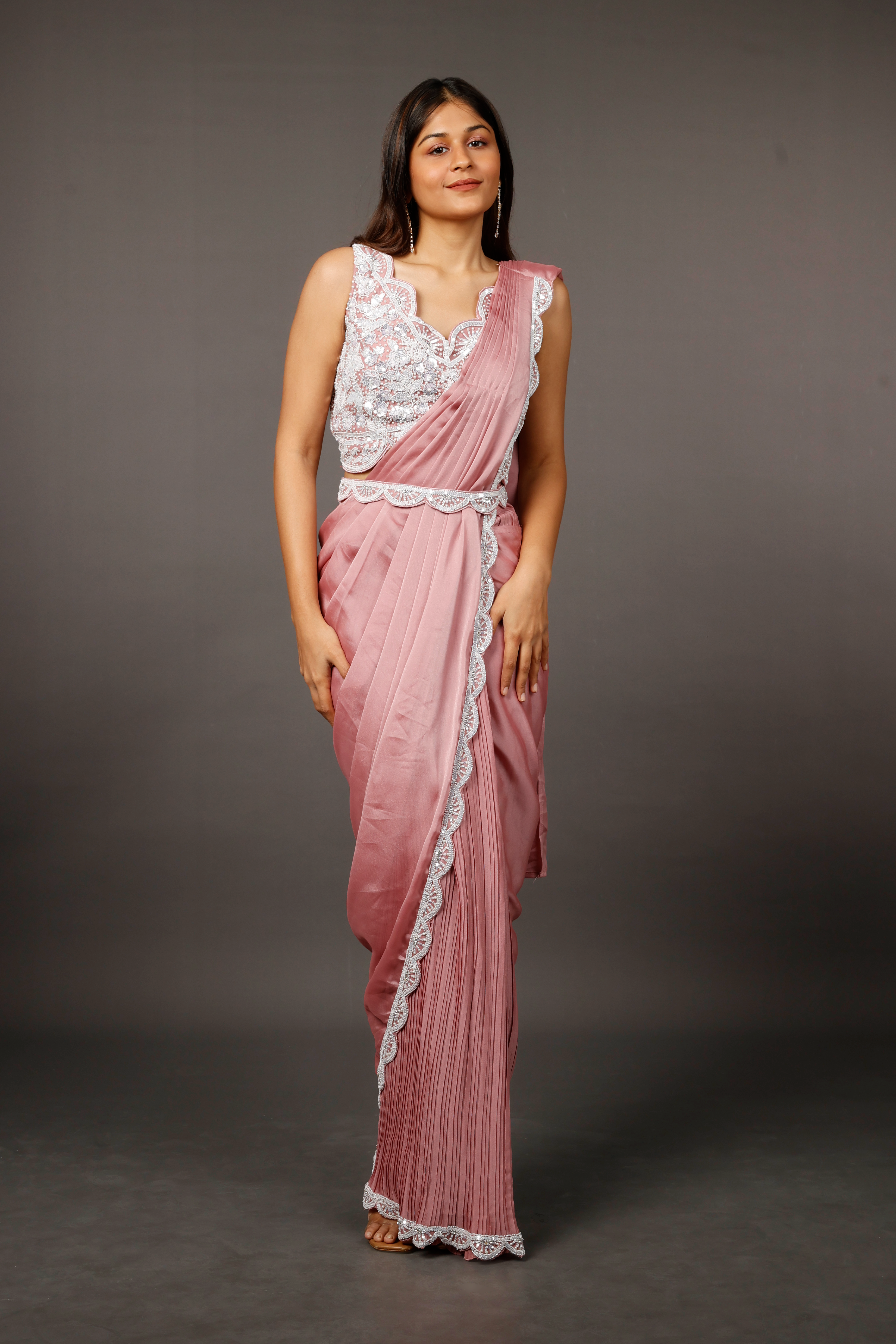 Coral Chinon Silk Drape Saree with Sequin, Pearl & Cutdana Embroidery